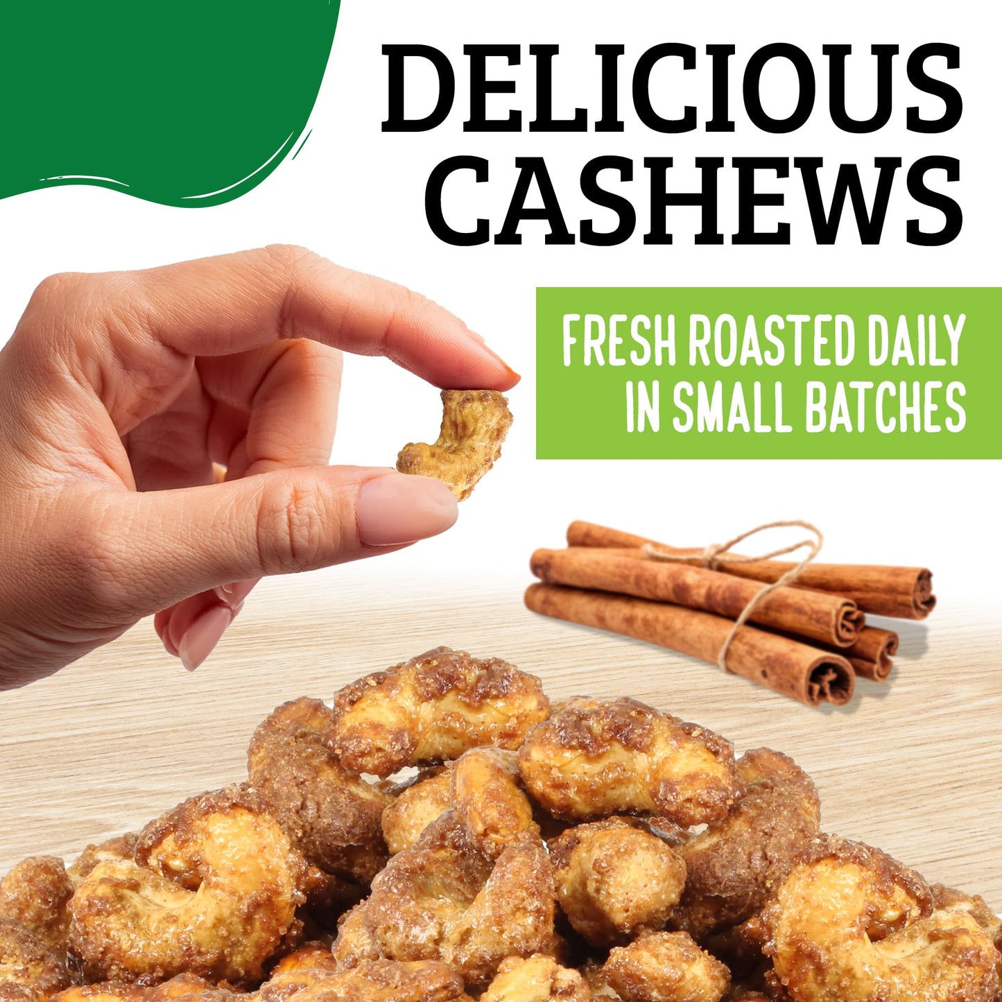 Almond Brothers Roasted Cashews - Pack of 3, 5 oz Hand Crafted Cinnamon Glazed Roasted Cashews, Gluten-Free, Non-GMO