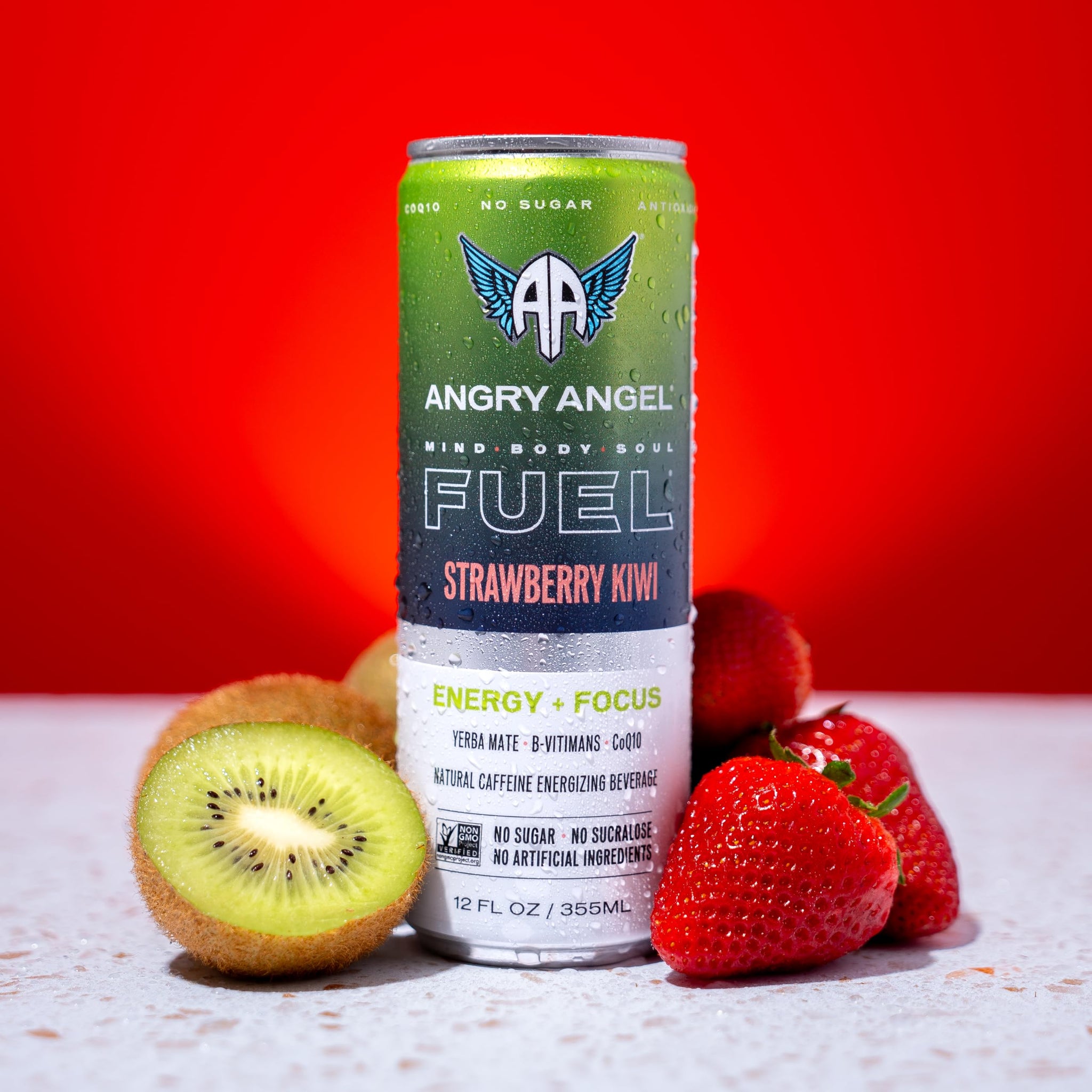 Angry Angel Strawberry Kiwi Natural Energy + Focus Drink (12 count) - Zero Sugar - Natural Caffeine from Yerba Mate - CoQ10 - B Vitamins - 12 oz Cans