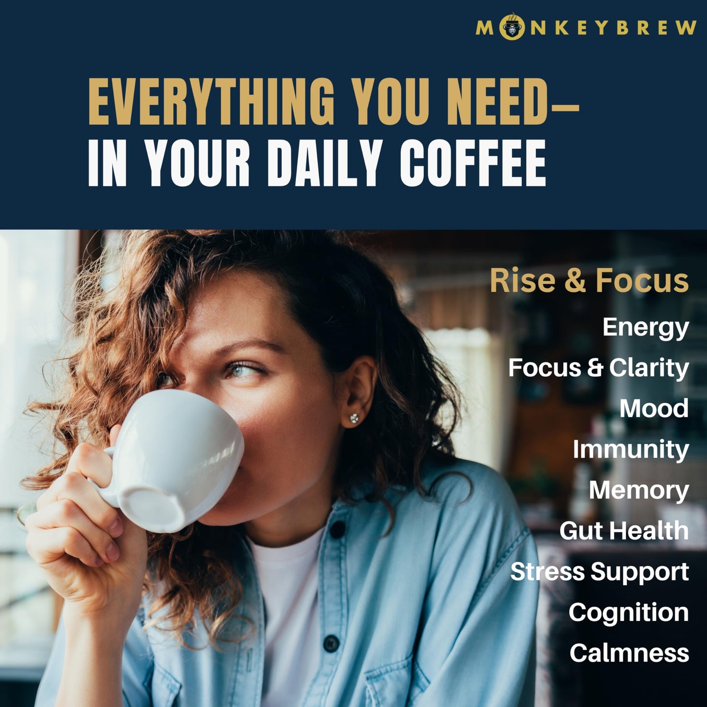 Monkey Brew Rise & Focus USDA Organic Mushroom Coffee - Boosts Focus, Energy, Immunity & Mood | 1,750mg Adaptogens: Lion’s Mane, Turkey Tail, KSM-66