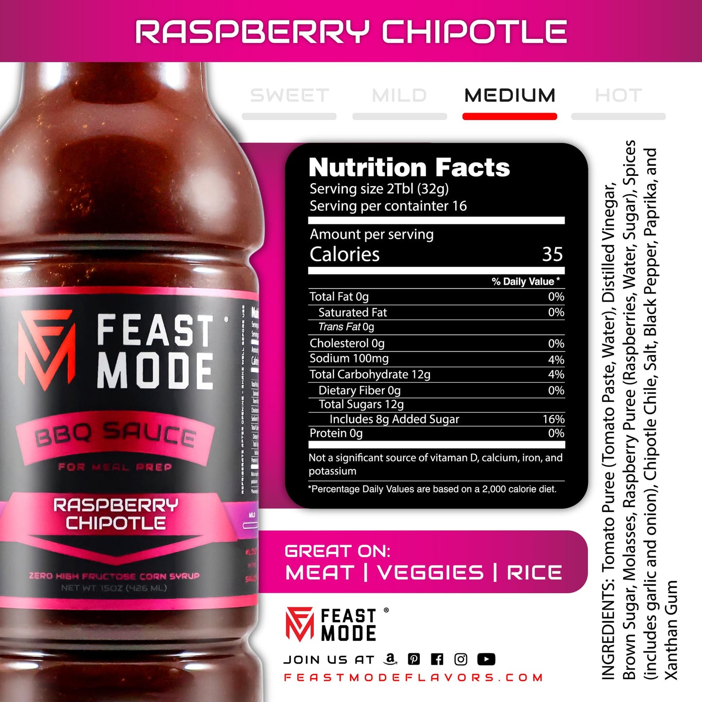 Raspberry Chipotle Sauce by Feast Mode Flavors | Low Sodium | Low calorie | Guten Free | Vegan Friendly | Zero High Fructose Corn Syrup | Healthy