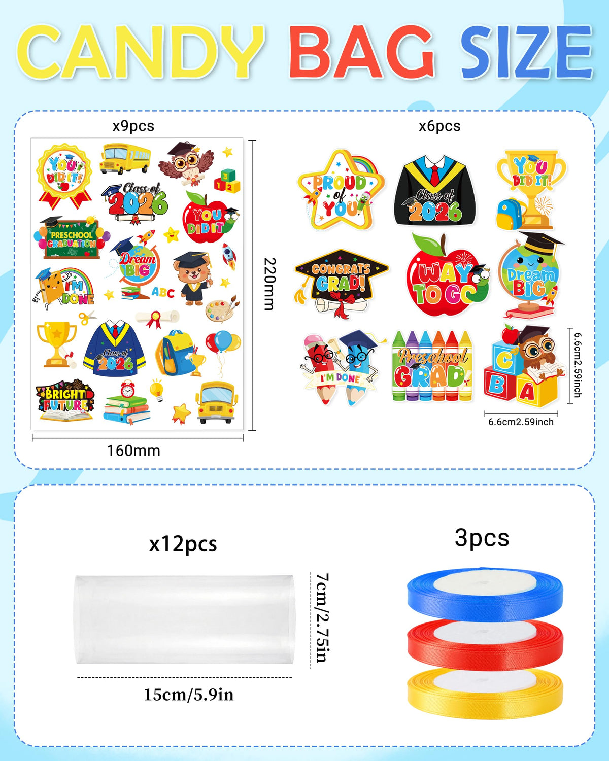 CRASHOT Graduation Candy Lei Making Kit, DIY 2026 Grad Gift Lei Set with 12 Clear Bags, 3 Rolls Satin Ribbon (Red/Blue/Gold), 6 Sticker Sheets & 10