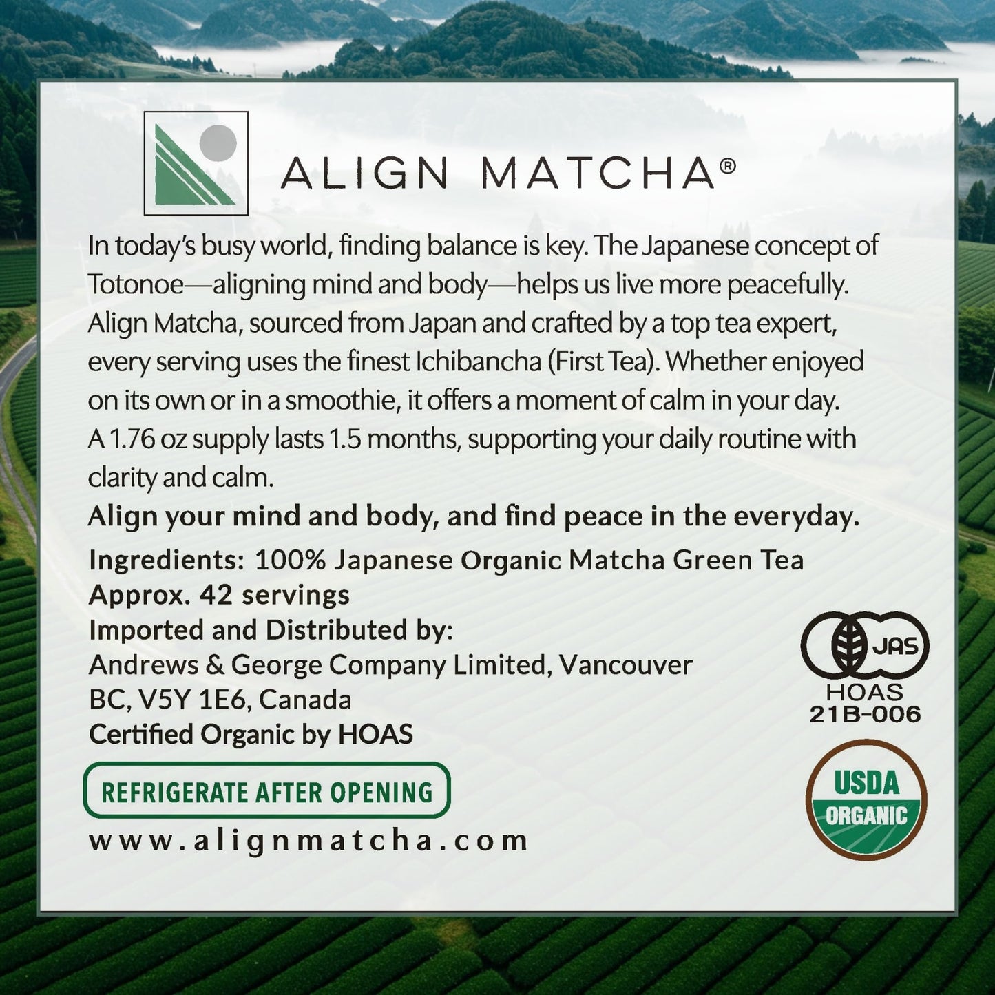 ALIGN MATCHA Ceremonial Organic Matcha - Ichibancha (First Tea) calm ritual; sourced from Japan, 50 g (?42 servings)