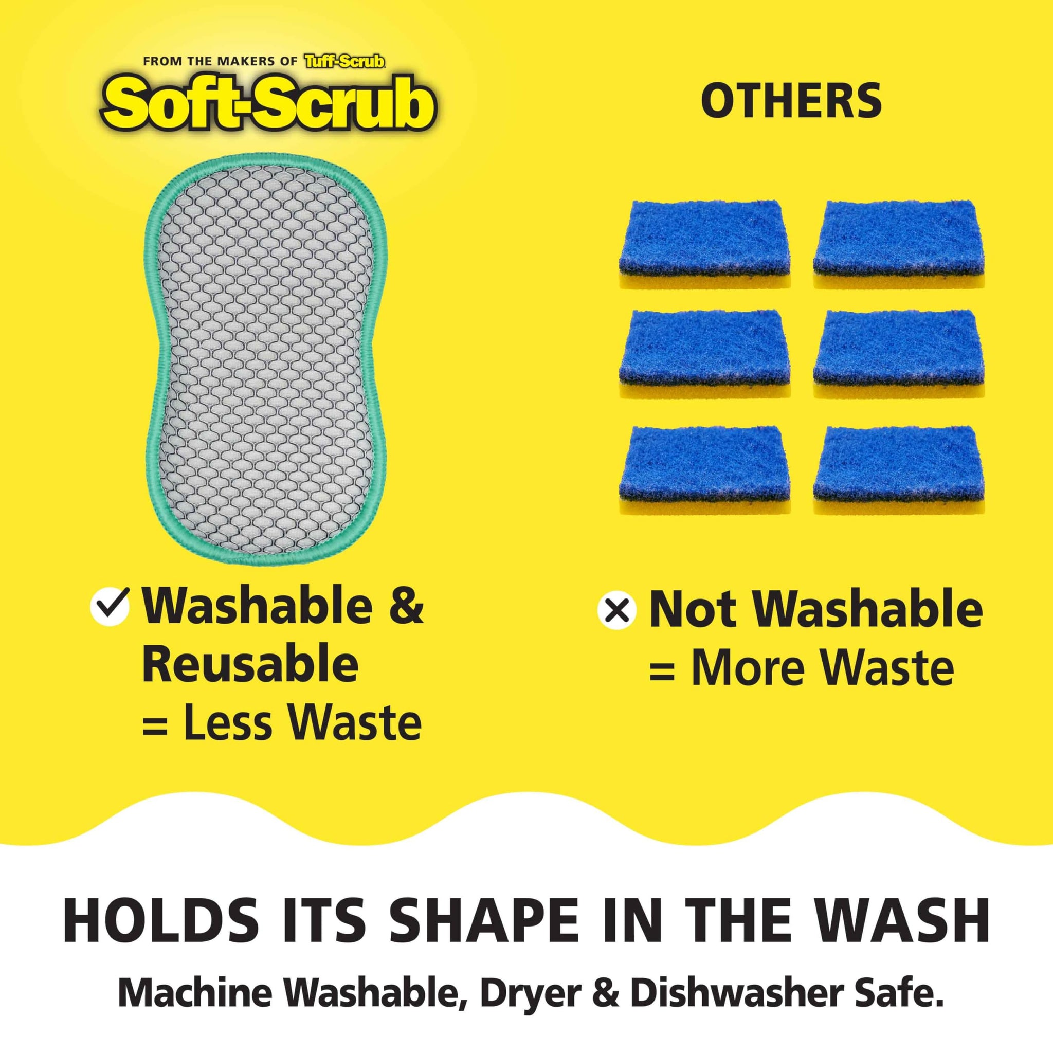Soft-Scrub by Tuff-Scrub Scrub-N-Wipe Pad, Large, 6-Pack, Microfiber, Multi-Surface, Non-Scratch, Dual-Sided, Scrubber for Dishes, Sinks, Non-Stick
