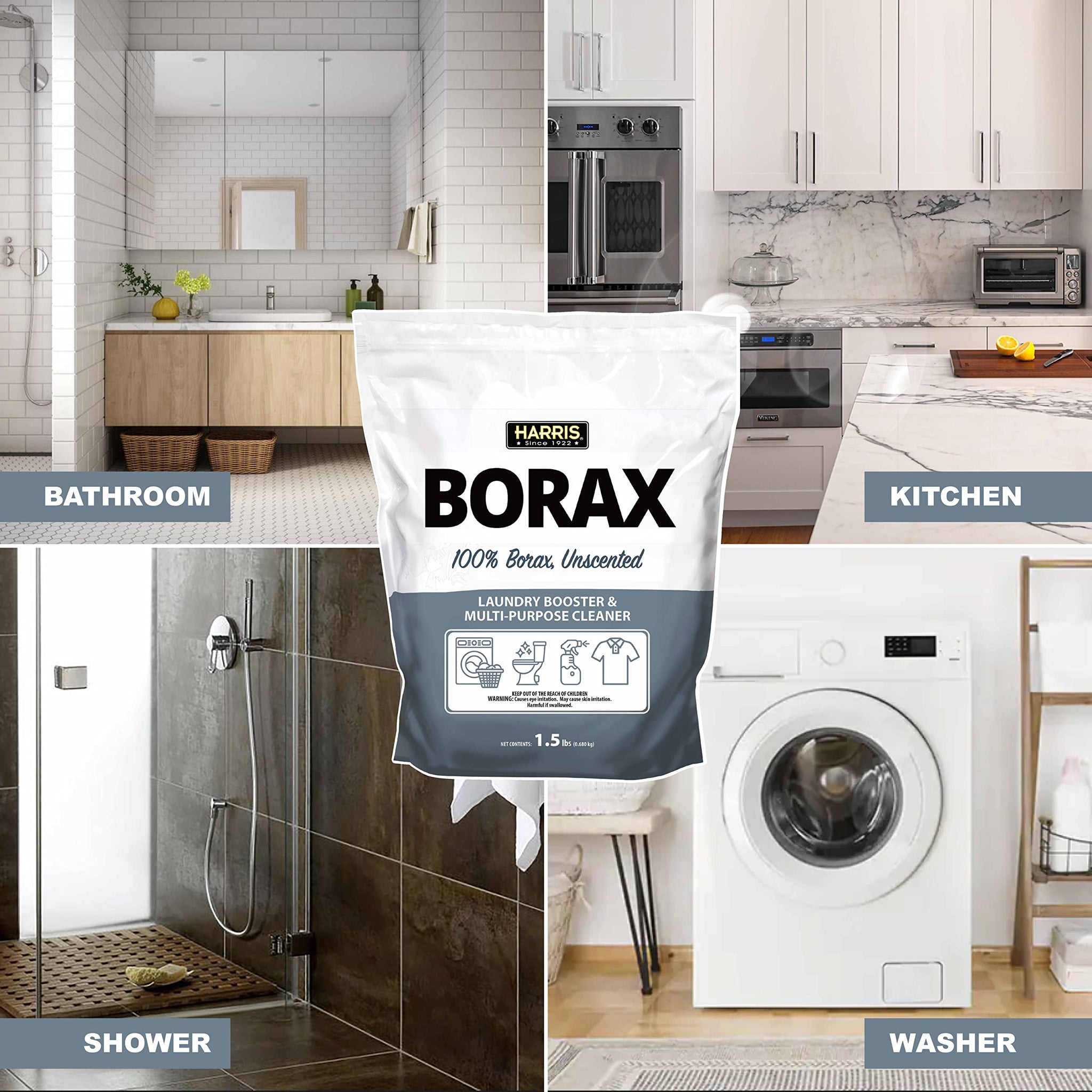 Harris Borax Powder Hard Water Laundry Booster and Powerful Multi-Purpose Cleaner, 1.5lb (Unscented)