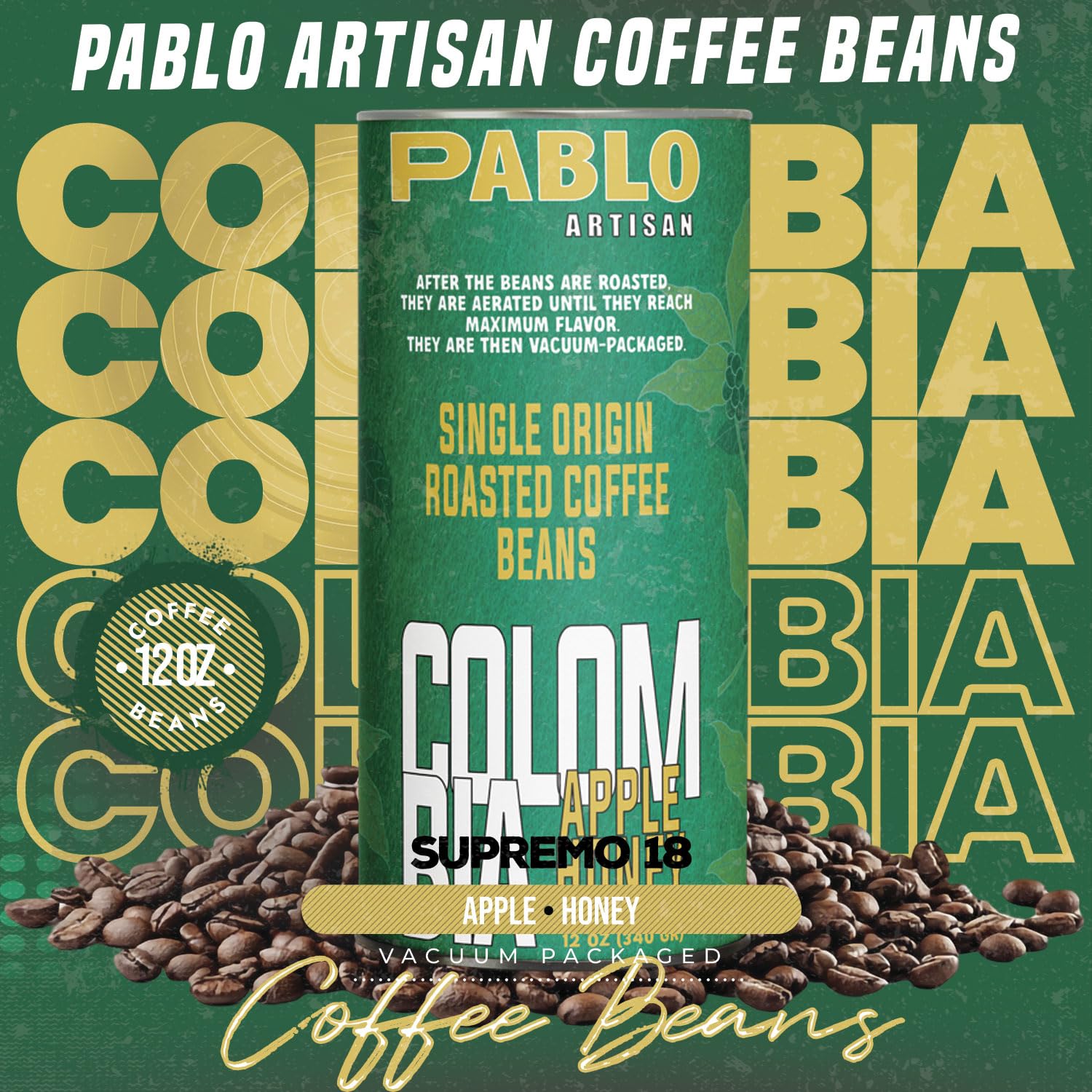 Pablo Artisan Colombia Supremo 18 Single Origin Coffee Beans - Medium Light Roast Whole Bean Coffee, 100% Arabica Colombian Espresso Beans, Washed