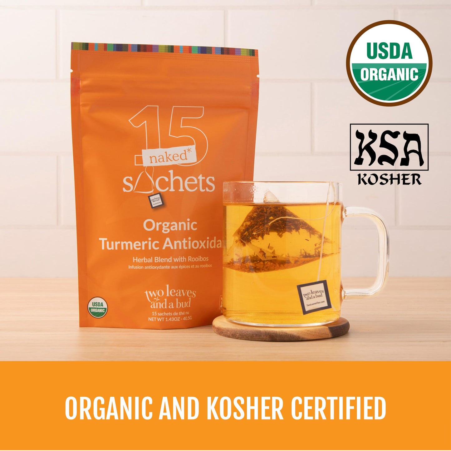 Two Leaves and a Bud Organic Turmeric Antioxidant - 15 Naked Tea Sachets, Naturally Caffeine Free, Whole Leaf Herbal Tea in Unwrapped Pyramid Sachets
