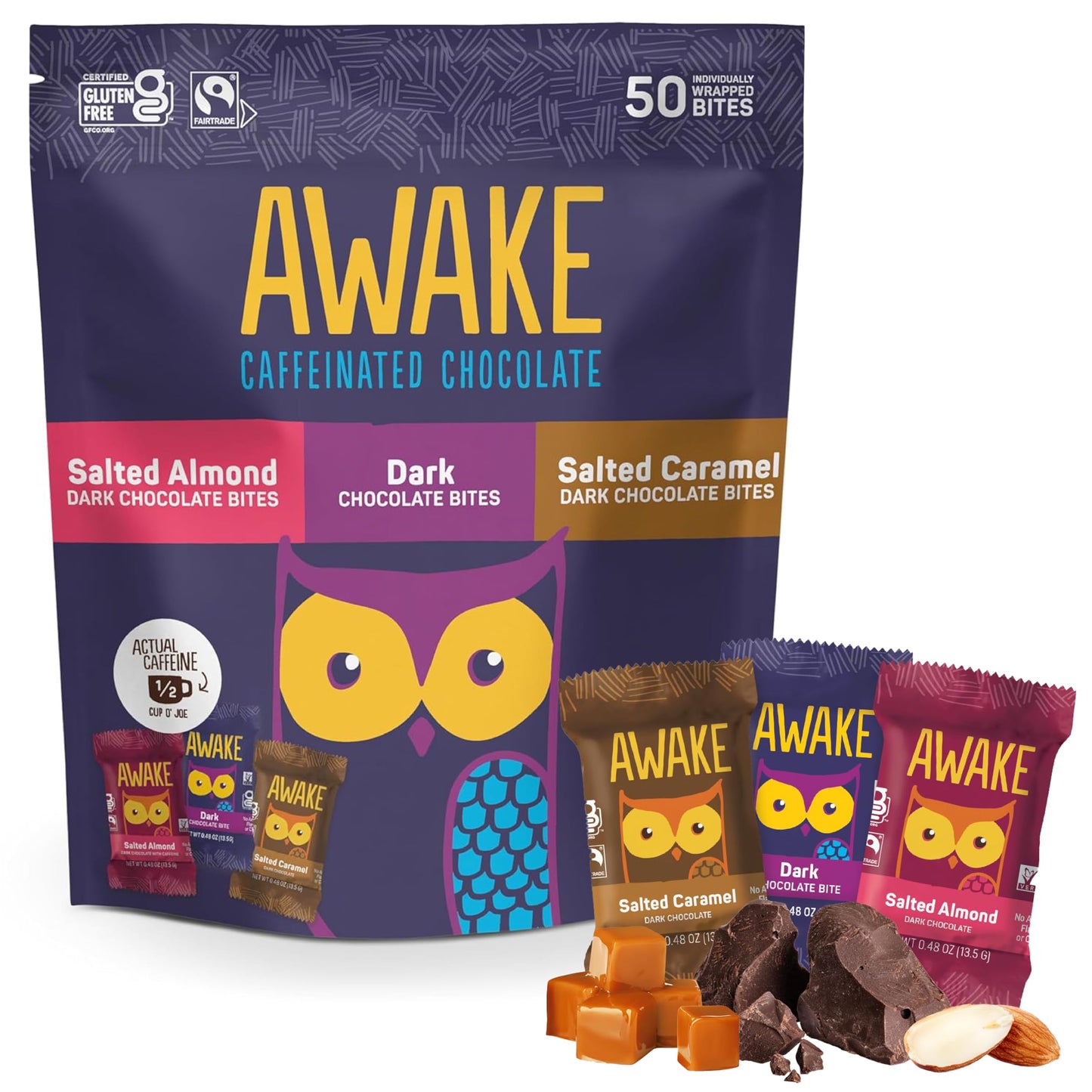 AWAKE - Caffeinated Chocolate Bites - USA Variety Pack (3 Flavors) 50 Bites - Dark, Salted Caramel, & Salted Almond - 50mg Caffeine - Coffee