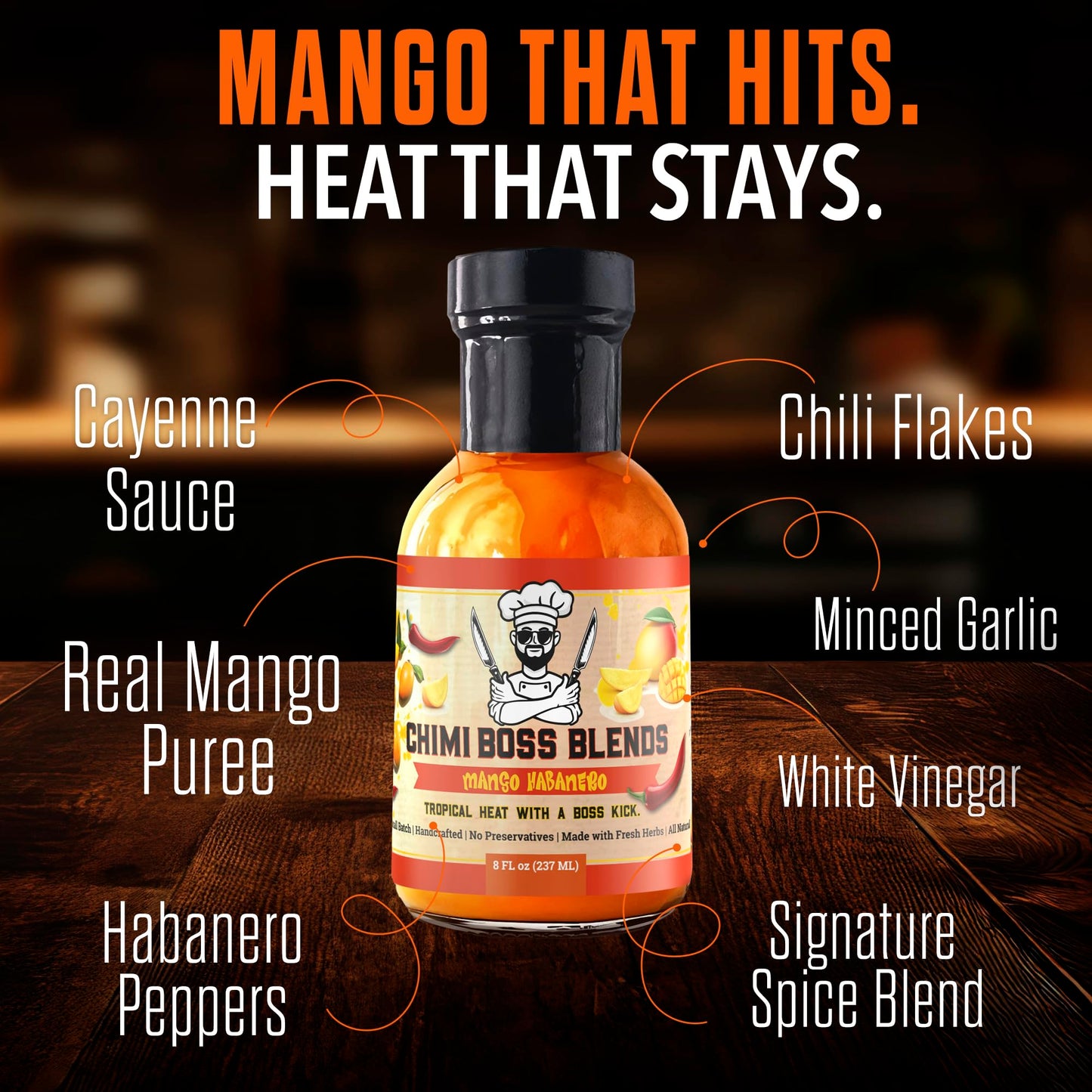 Chimi Boss Mango Habanero Sauce - Sweet-Heat Flavor Explosion for Tacos, Chicken, Pizza & More - 8 fl oz Bottle - Small Batch, USA Made, No Fillers