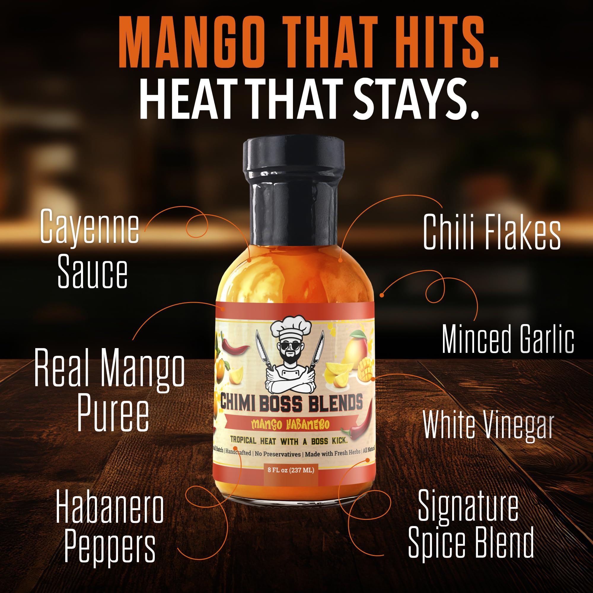 Chimi Boss Mango Habanero Sauce - Sweet-Heat Flavor Explosion for Tacos, Chicken, Pizza & More - 8 fl oz Bottle - Small Batch, USA Made, No Fillers