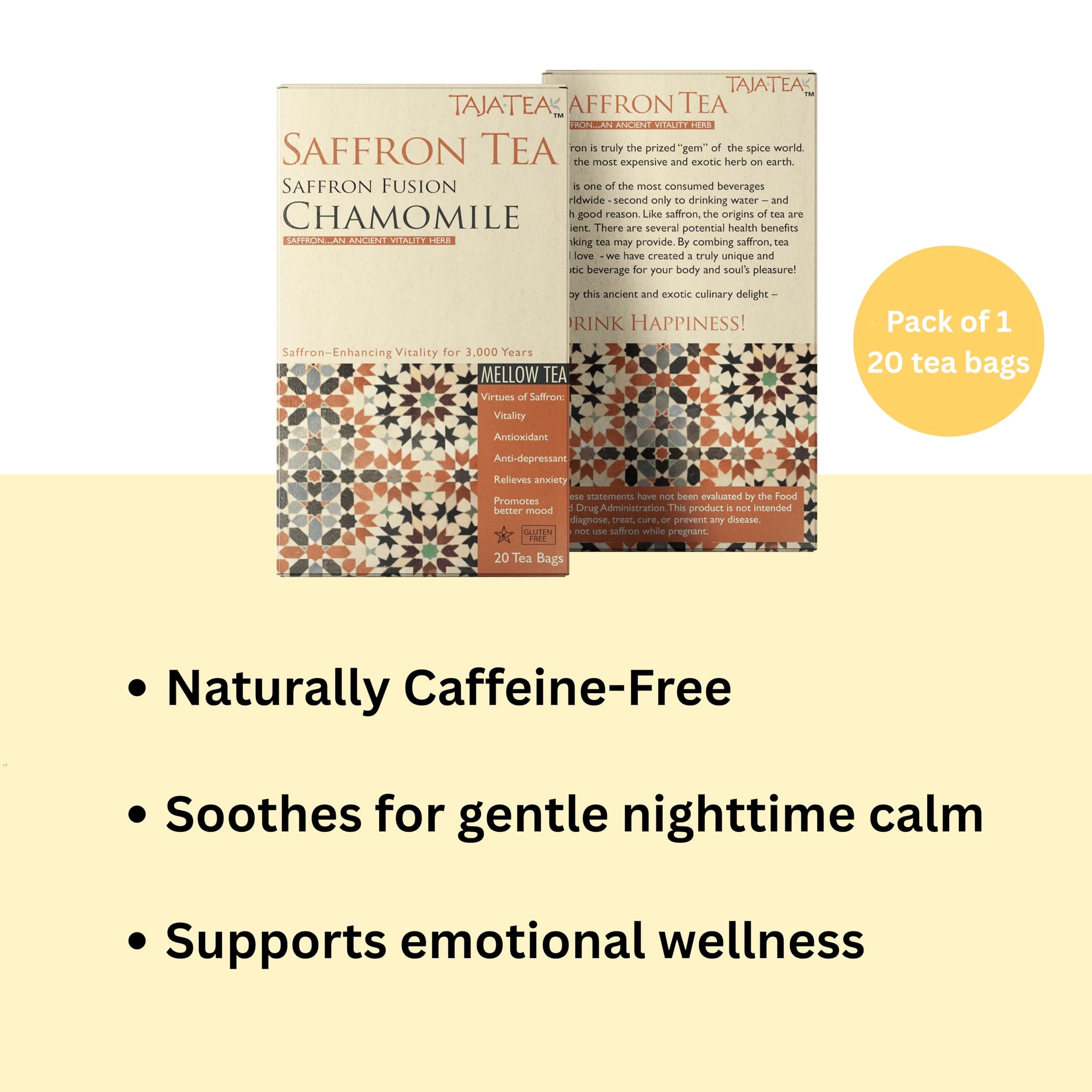 Taja Saffron Tea - Saffron Fusion Chamomile Tea, Mellow Blend for Emotional Wellness, Sleep Support and Monthly Comfort, Caffeine Free | Gluten Free |
