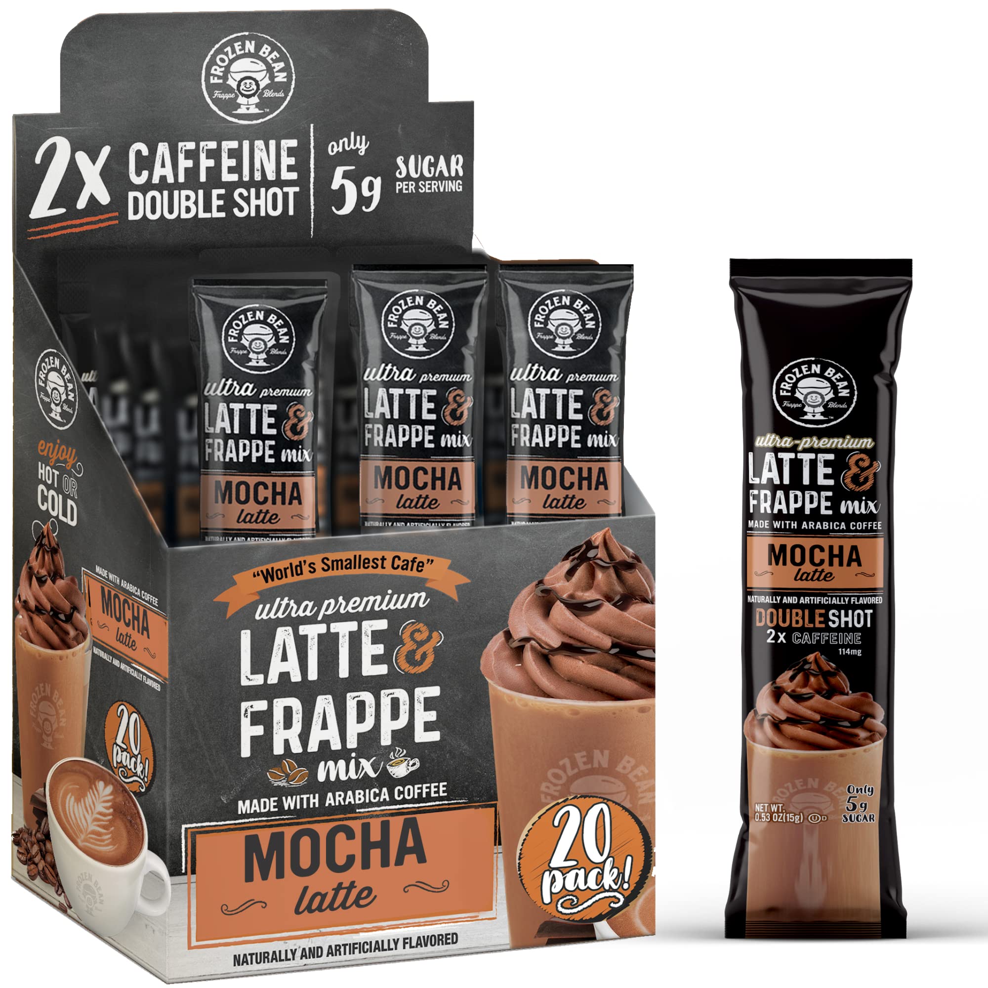 The Frozen Bean Mocha Frappe & Latte Instant Mix (20 Sticks), Made with Arabica Coffee, Double Shot Caffeine, Low Sugar & Premium Ingredients, Hot