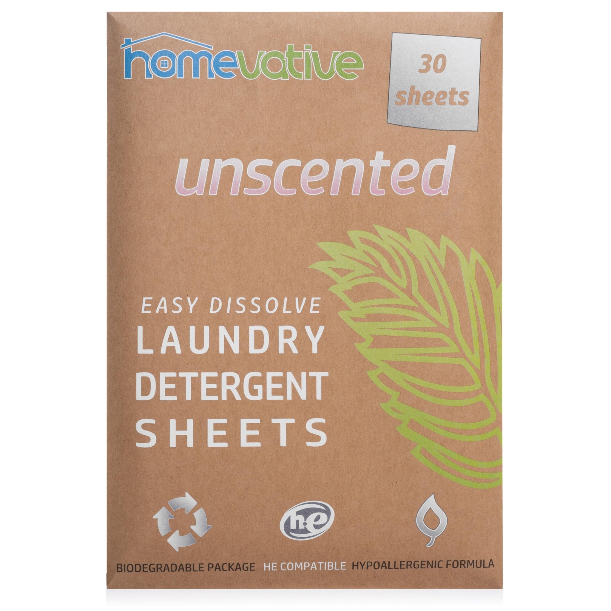 Homevative Laundry Detergent Sheets, 30 Sheets, Up to 60 Loads, Easy Dissolve, Unscented, Eco package, HE Compatible, Septic friendly, Great