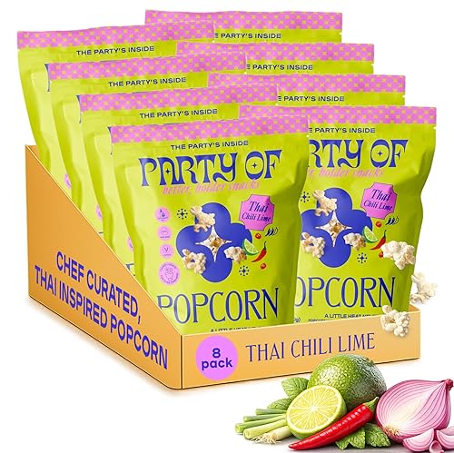 Party of Thai Chili Lime Popcorn Snack - Savory Citrus Heat with Spicy Kick - Gluten-Free, Veggie-Based, Healthy Snack - Individually Wrapped for Easy