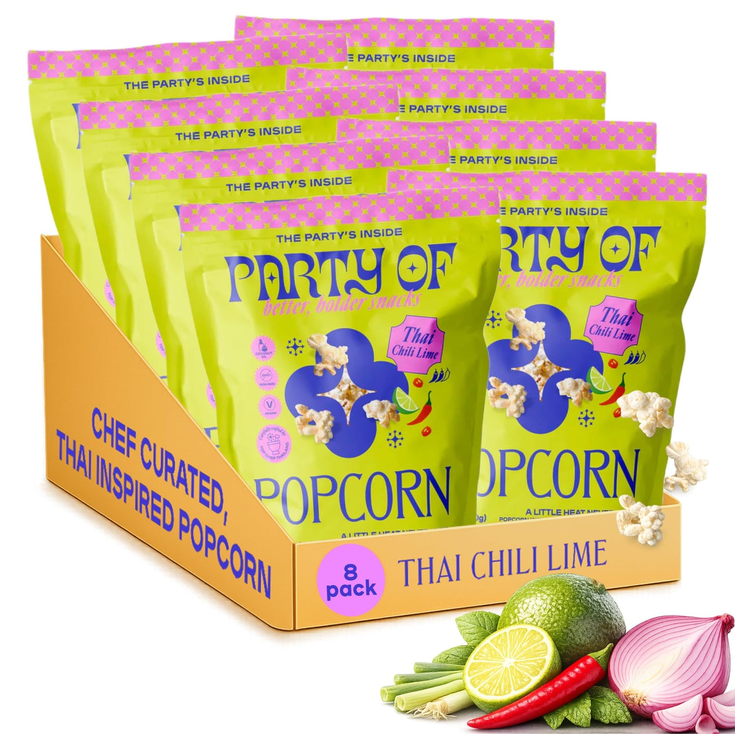 Party of Thai Chili Lime Popcorn Snack - Savory Citrus Heat with Spicy Kick - Gluten-Free, Veggie-Based, Healthy Snack - Individually Wrapped for Easy