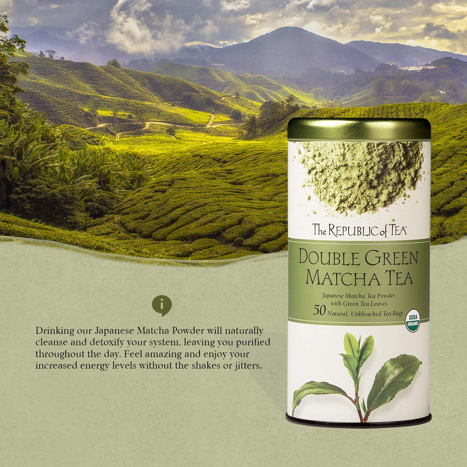 The Republic of Tea 100% Organic Double Green Matcha Tea Bags (40051) - Green Tea and Organic Stone-Ground Japanese Tencha Leaves - Matcha Tea Powder