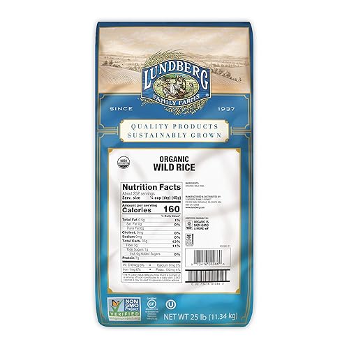 Lundberg Family Farms - Organic Wild Rice, Pantry Staple, Great for Cooking, Long Grain, Firm Texture, Nutty Flavor, Rich & Hearty, Whole Grain, Non-GMO, Gluten-Free, Vegan, Kosher (25 lb)