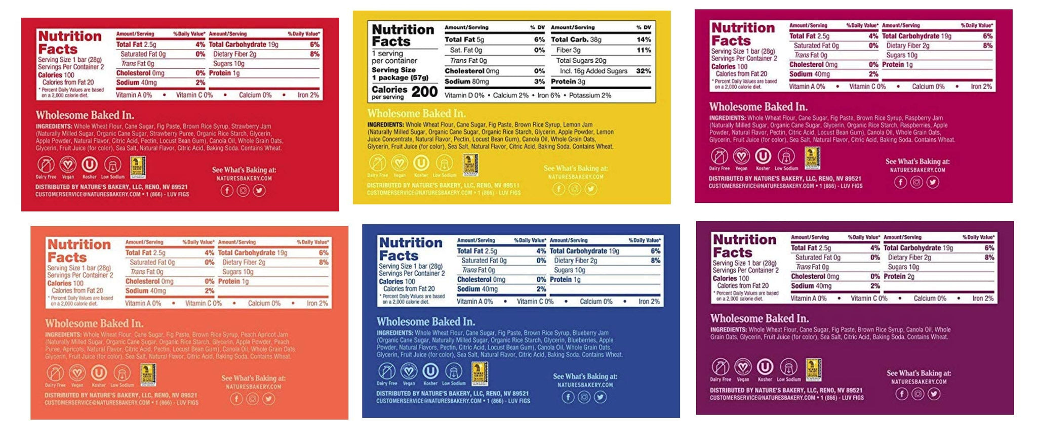 Nature's Bakery Fig Bars Variety Pack. Bundle of 6 Boxes with 36 Individually Wrapped Bars. Flavors Include: Blueberry; Strawberry; Peach; Raspberry