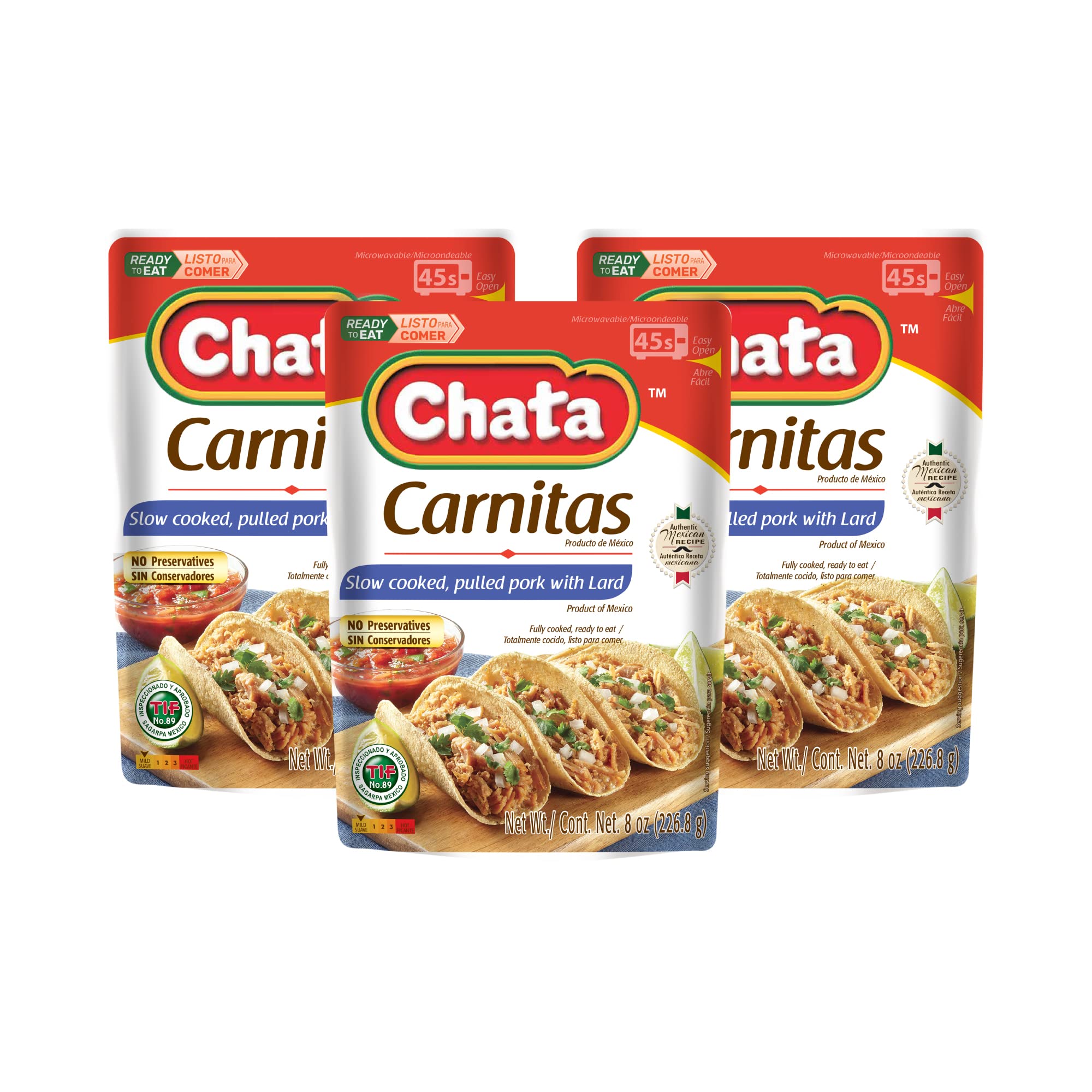 Chata Authentic Mexican Carnitas, Slow Cooked Pork, 8 oz, Pack of 3