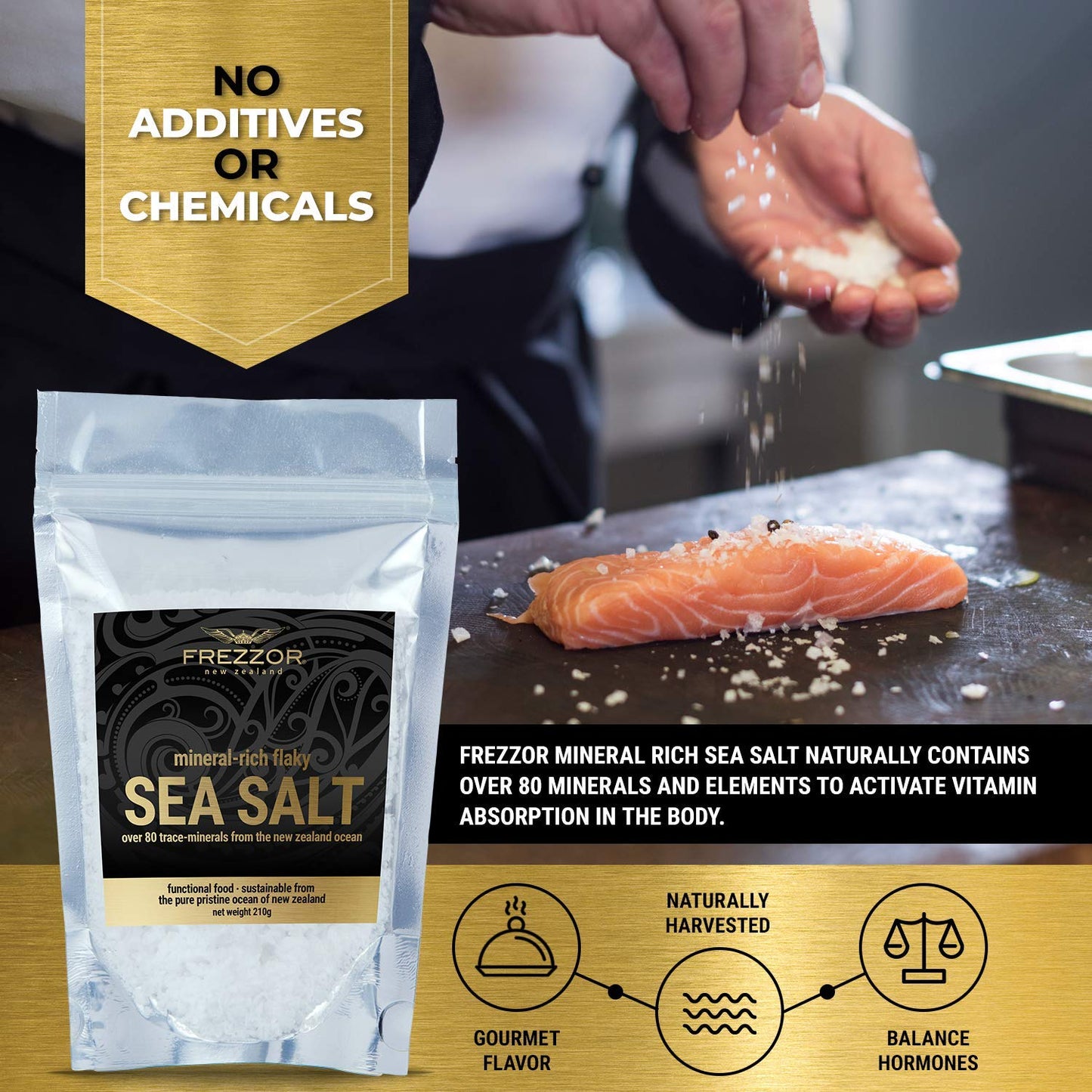 FREZZOR Flaky Sea Salt, 8.8 ounces of Premium Gourmet Sea Salt Flakes from New Zealand, 80 Minerals & Trace Elements, 100% All-Natural, Solar & Wind