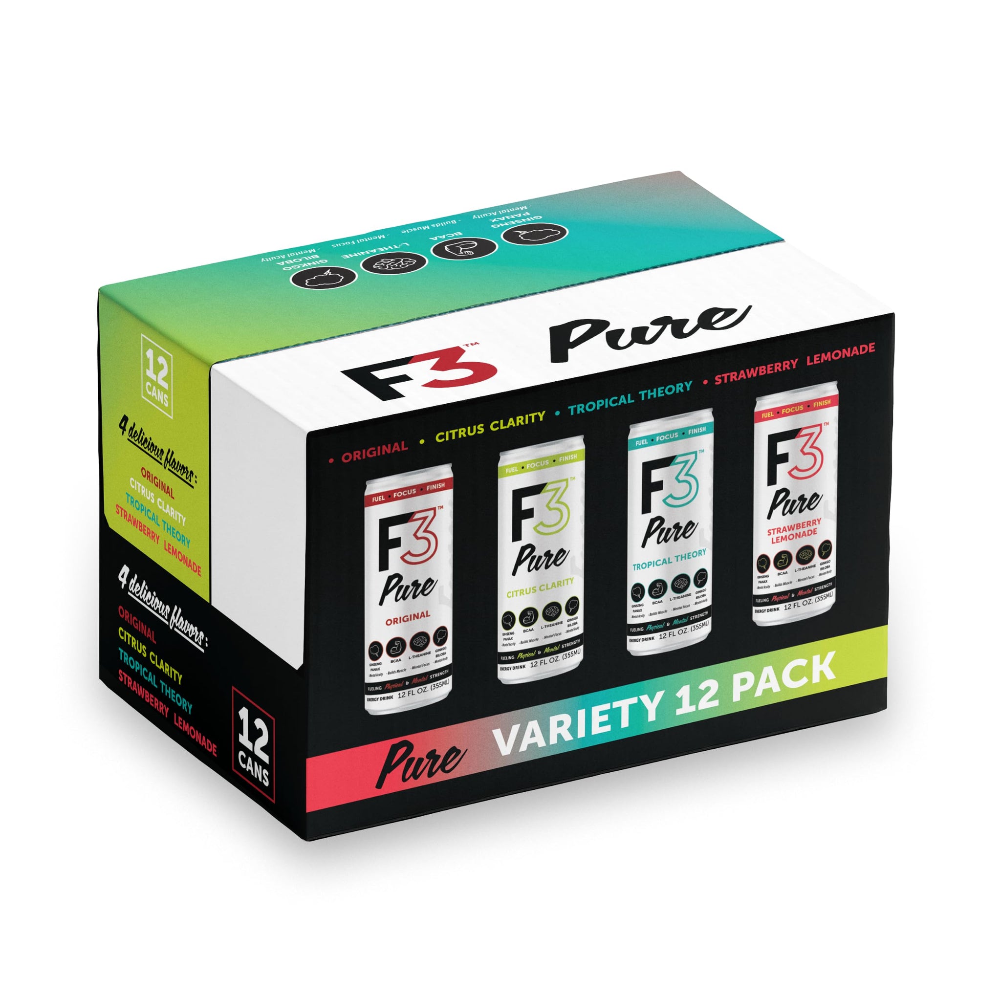 F3 Pure Sparkling Energy Drink Variety Pack, Original, Citrus Clarity, Tropical Theory & Strawberry Lemonade, 120mg Green Tea Caffeine with BCAAs