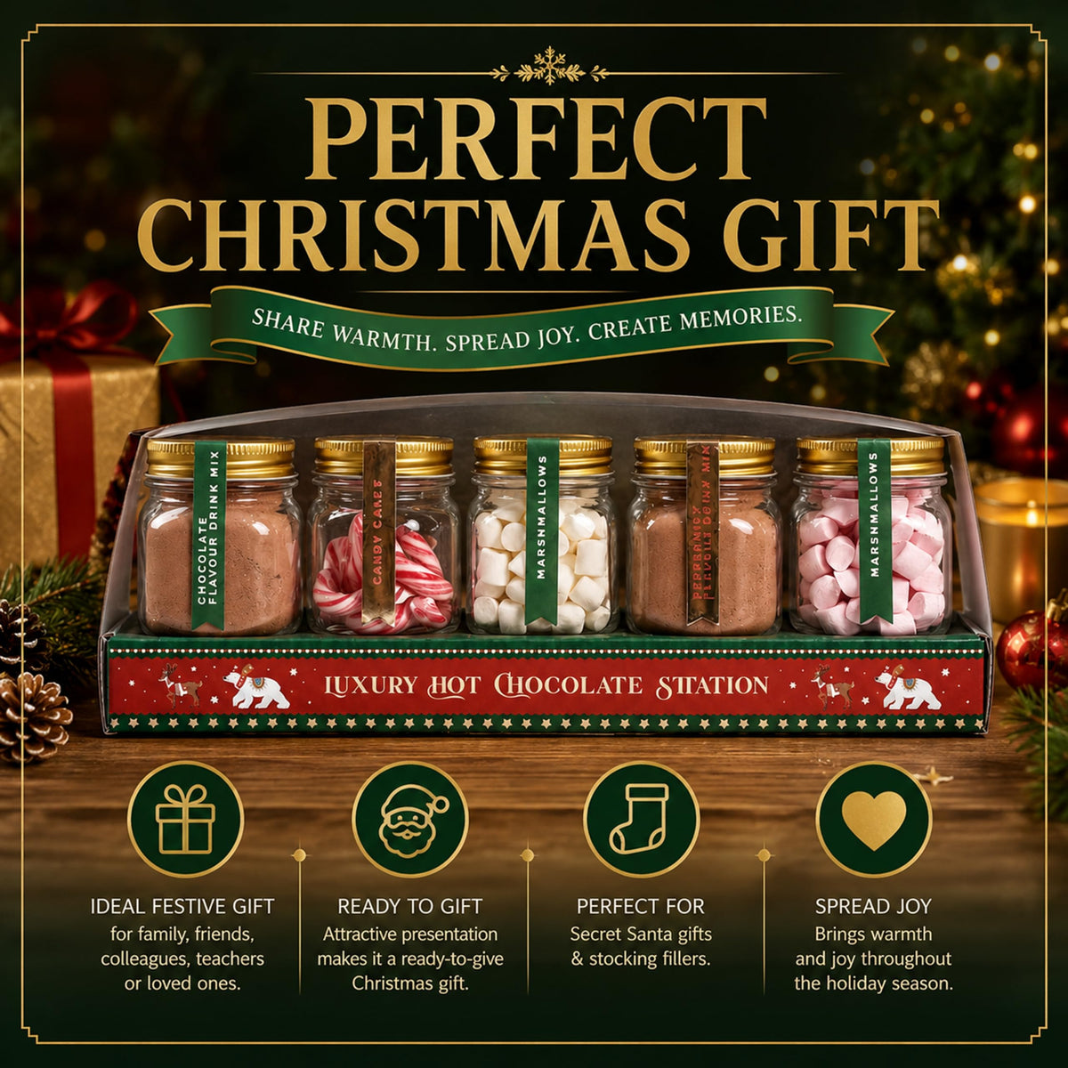Hot Chocolate Station Gift Set - Chocolate Drink Mix, Mini Marshmallows & Candy Canes in Reusable Glass Jars | Festive Hot Cocoa Making Kit |