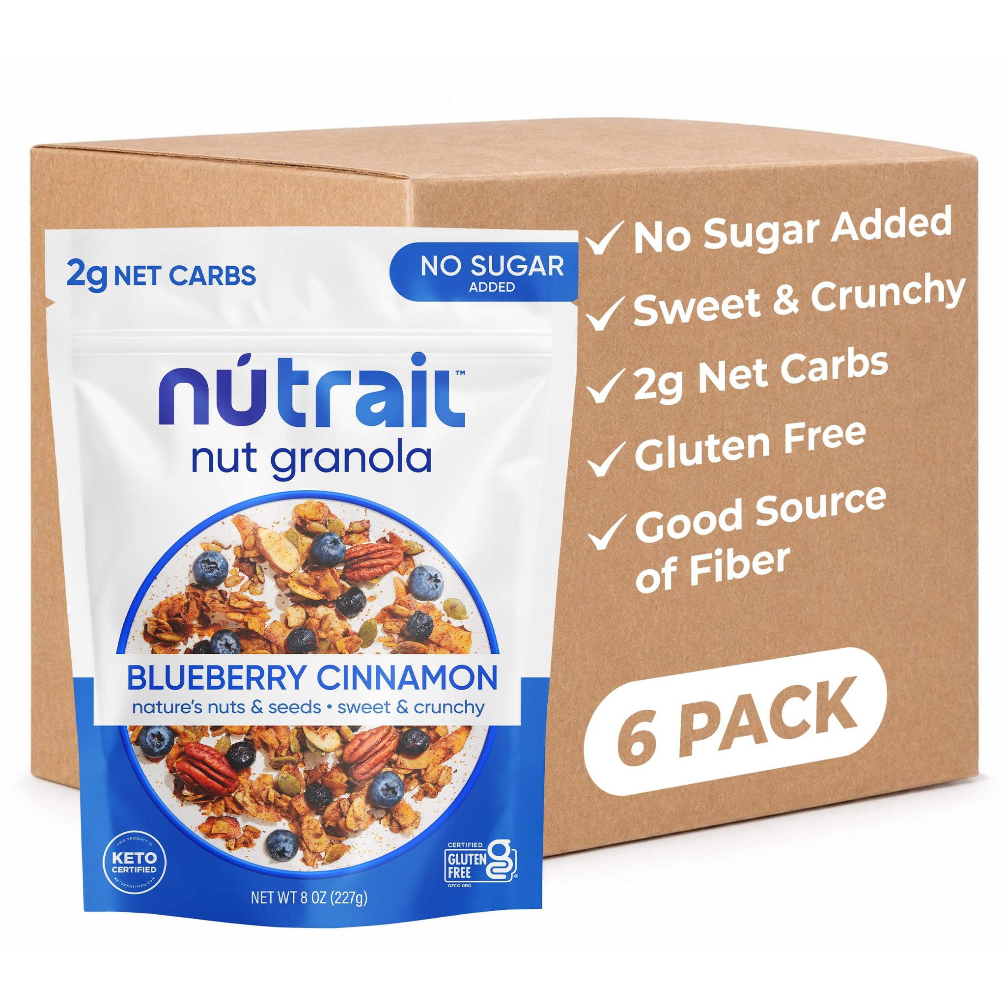 NuTrail Nut Granola, Blueberry Cinnamon, No Sugar Added, Gluten Free, Grain Free, Keto, Low Carb, Healthy Breakfast Cereal 8 oz. 6 Count