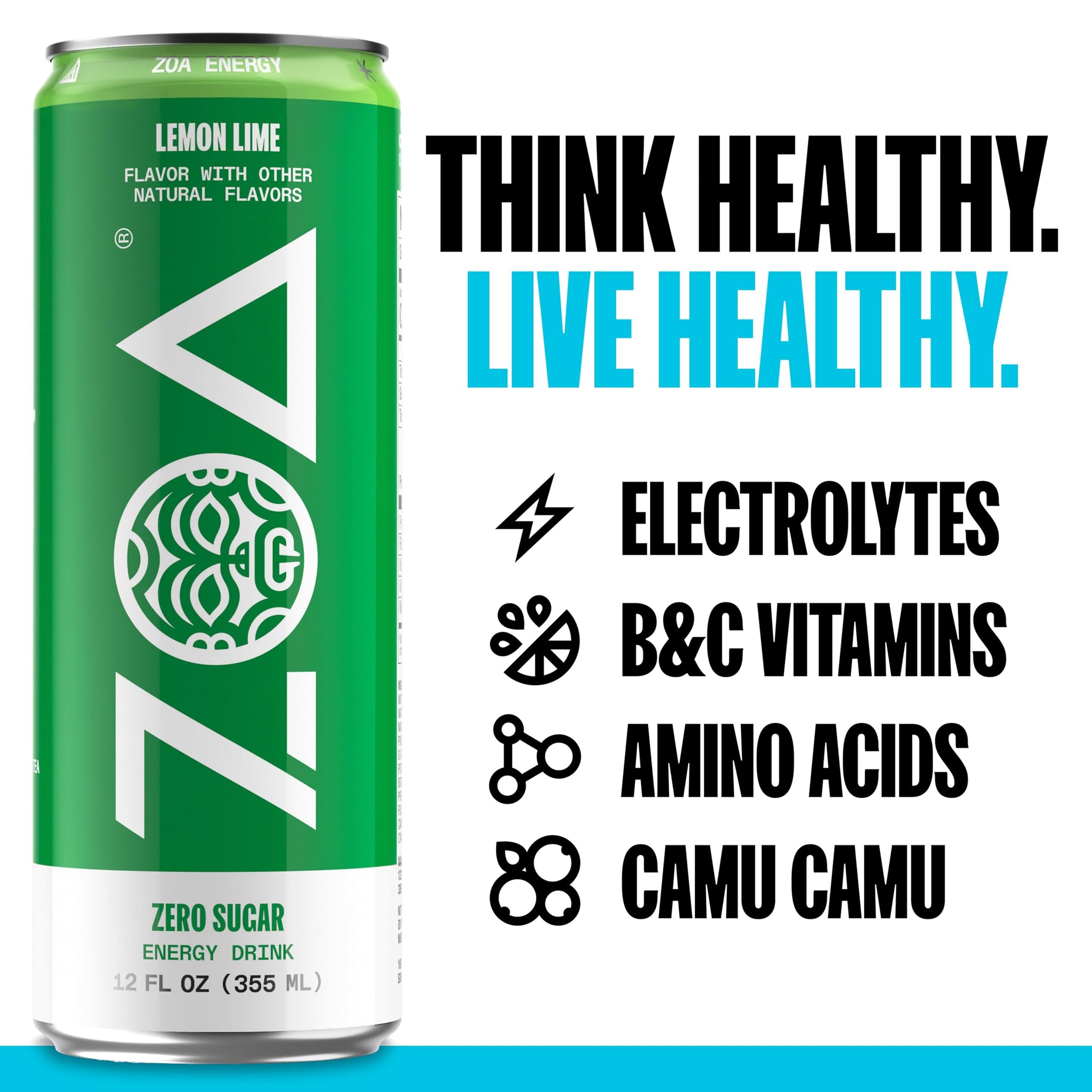ZOA Energy Sugar Free Energy Drinks With Electrolytes For Hydration, Lemon Lime - 12 Fl Oz (12-Pack)