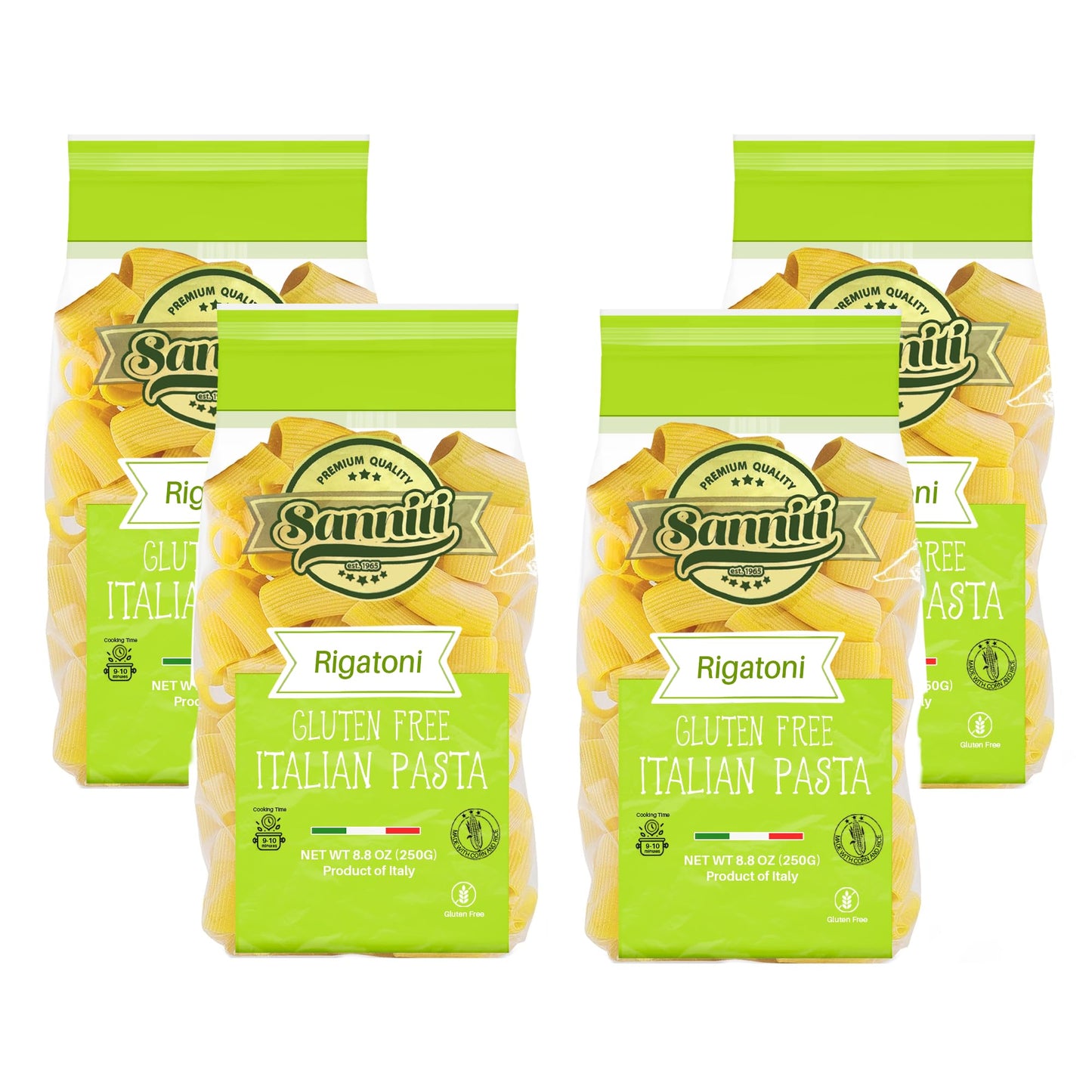 Sanniti Italian Gluten Free European-Kosher Vegan GMO-Free RIGATONI Pasta Made with Corn and Rice, 8.8 oz (Pack of 4)