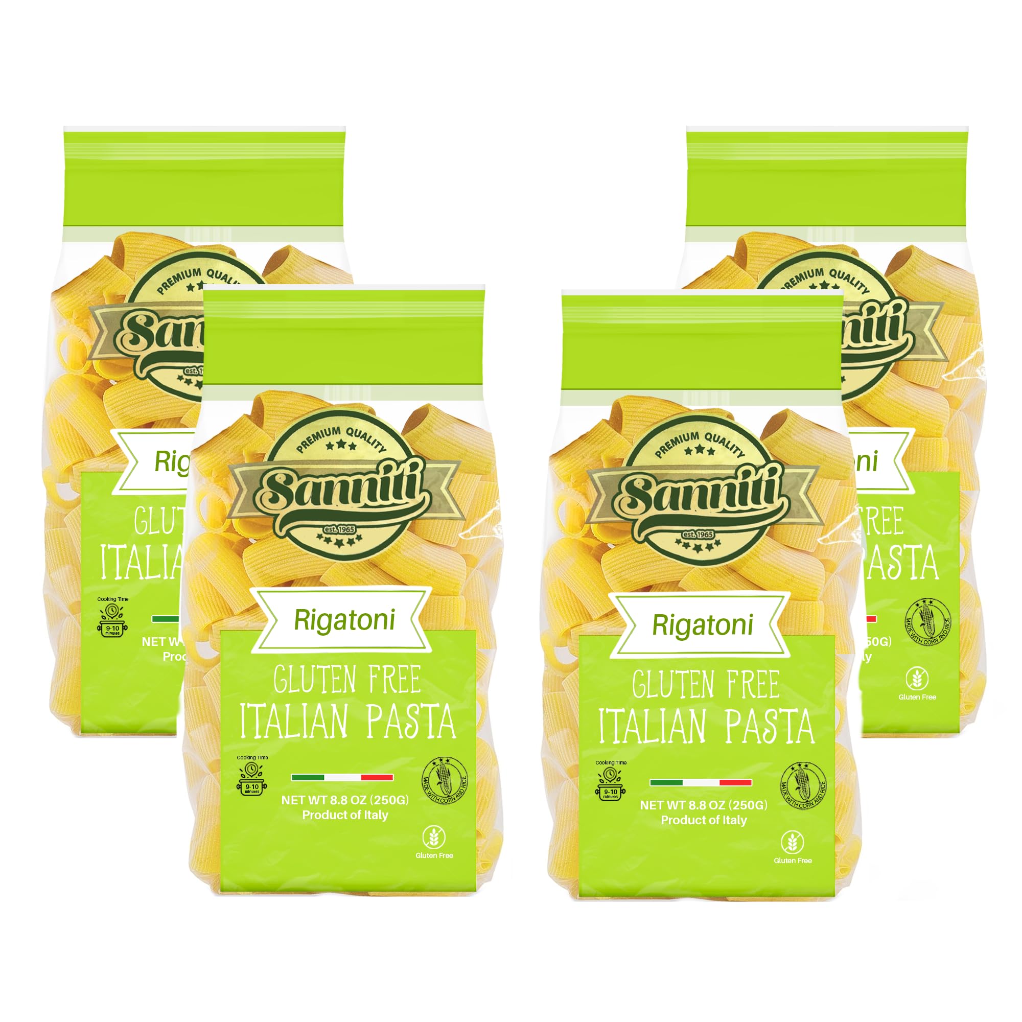 Sanniti Italian Gluten Free European-Kosher Vegan GMO-Free RIGATONI Pasta Made with Corn and Rice, 8.8 oz (Pack of 4)