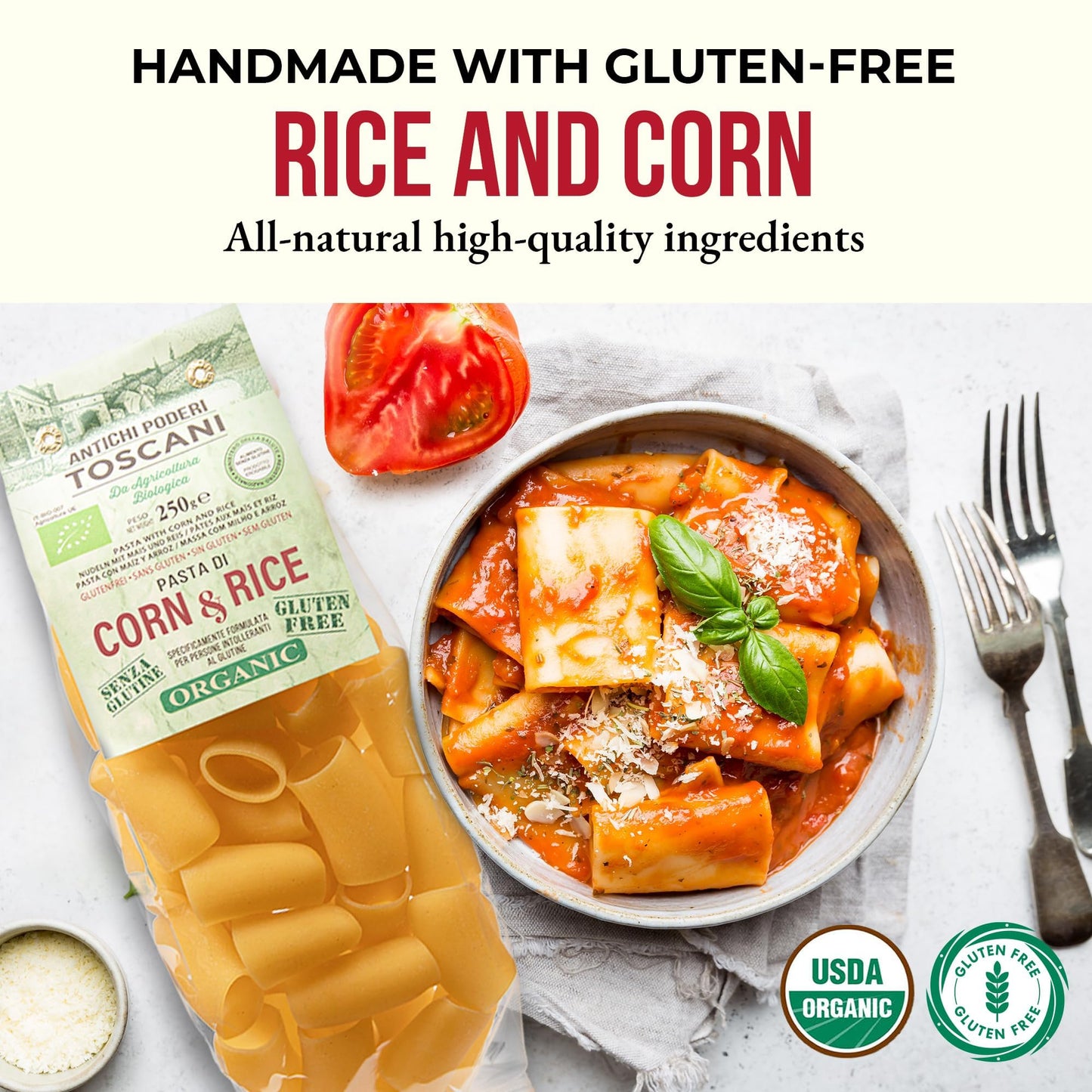 ANTICHI PODERI TOSCANI Paccheri Pasta - Organic Pasta Made from Corn and Rice, Flavorful, Gourmet, Large Circle Shells Imported from Italy - 8.8 oz