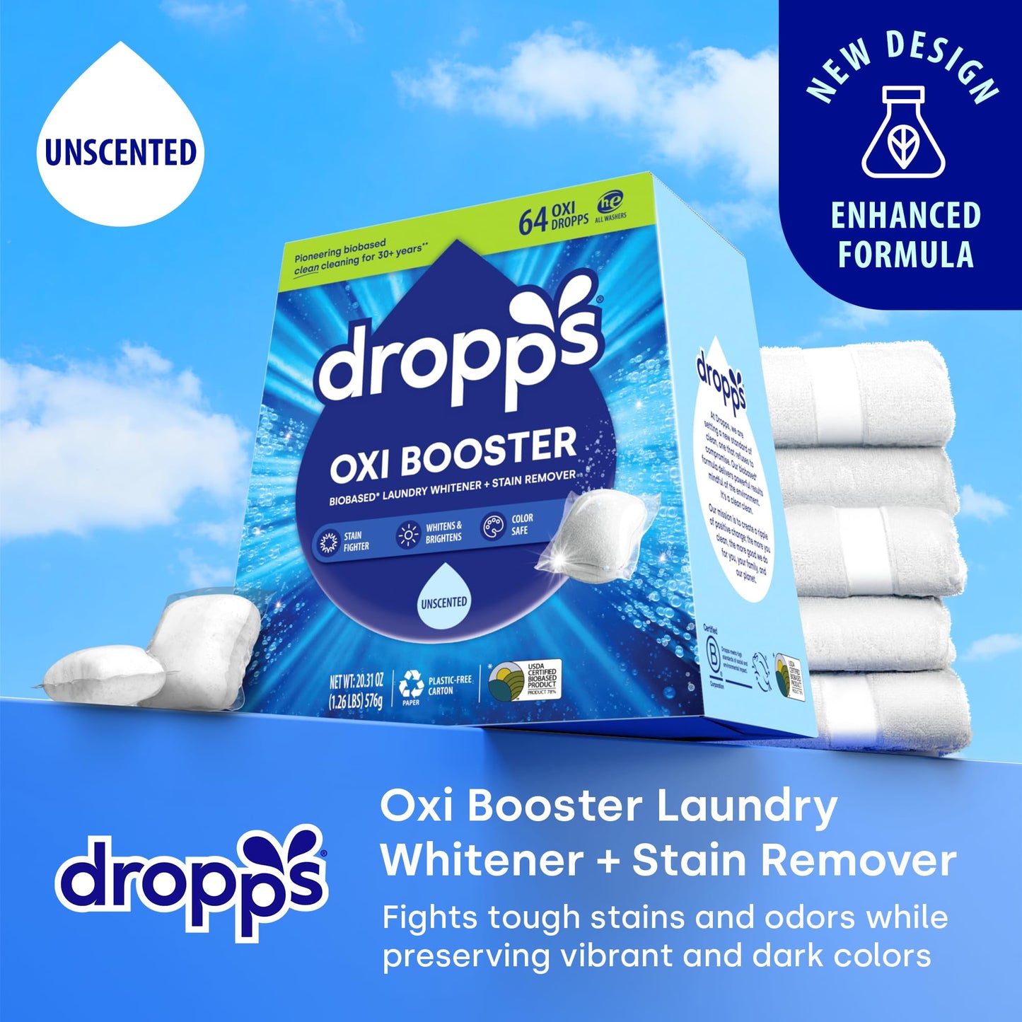 Dropps Oxi Booster Pods, Unscented (64 Count) - Laundry Whitener & Stain Remover | Free & Clear | Laundry Booster | Chlorine-Free Bleach Alternative |