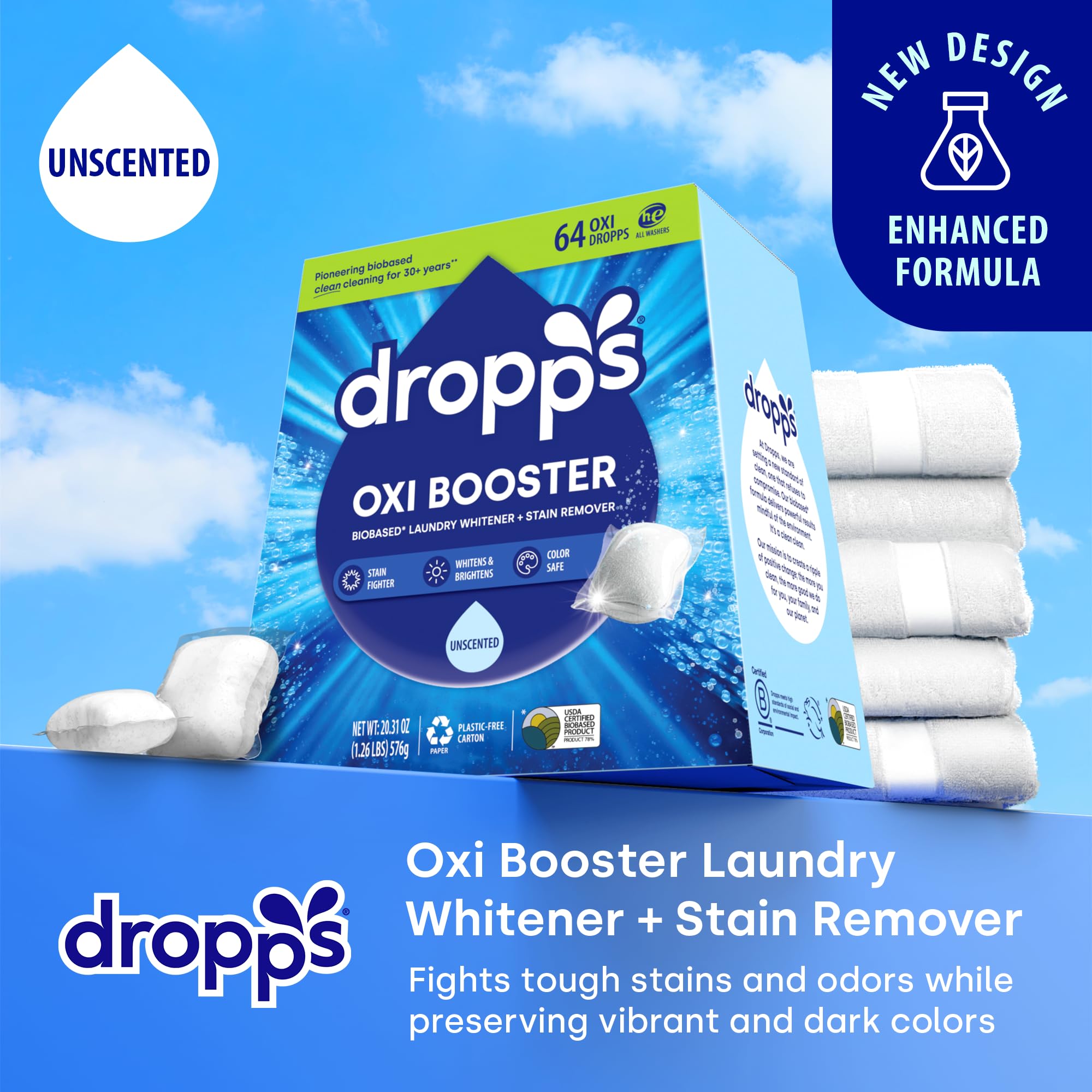 Dropps Oxi Booster Pods, Unscented (64 Count) - Laundry Whitener & Stain Remover | Free & Clear | Laundry Booster | Chlorine-Free Bleach Alternative |