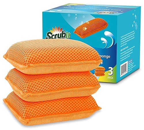 Miracle Microfiber Kitchen Sponge by Scrub-It - Non-Scratch Heavy Duty Dishwashing Cleaning sponges- Machine Washable- (Orange)