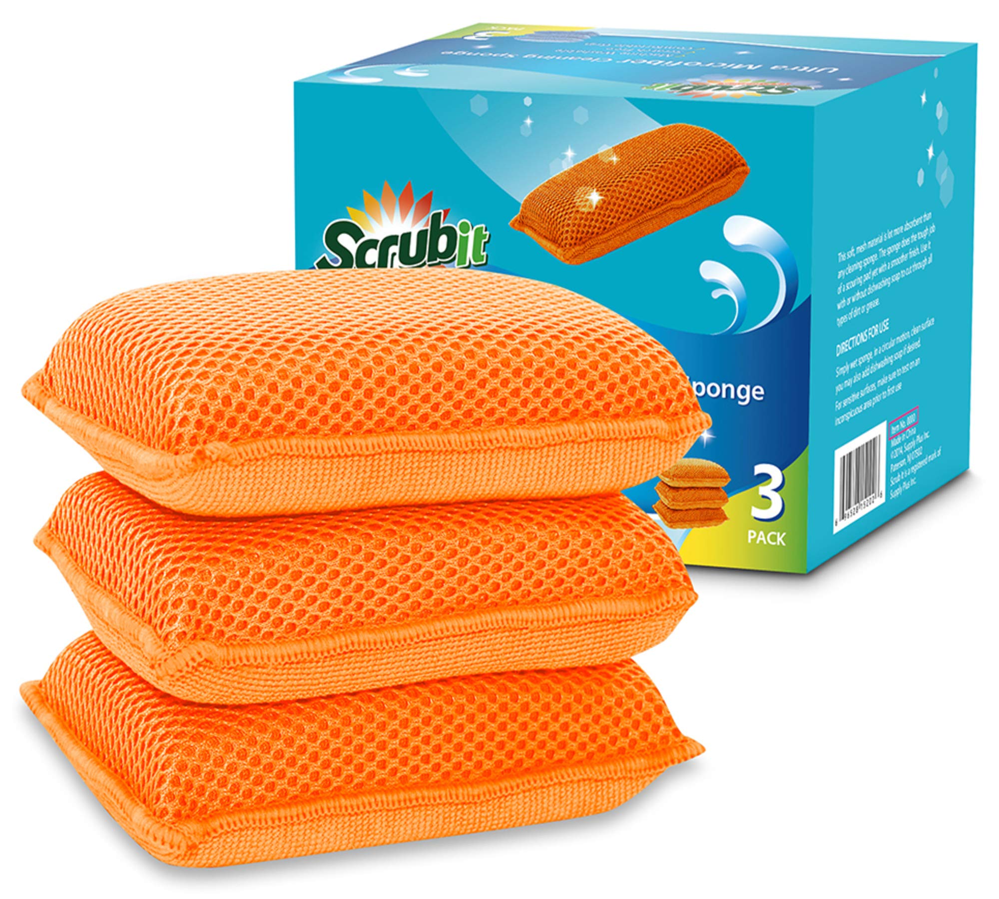 Miracle Microfiber Kitchen Sponge by Scrub-It - Non-Scratch Heavy Duty Dishwashing Cleaning sponges- Machine Washable- (Orange)
