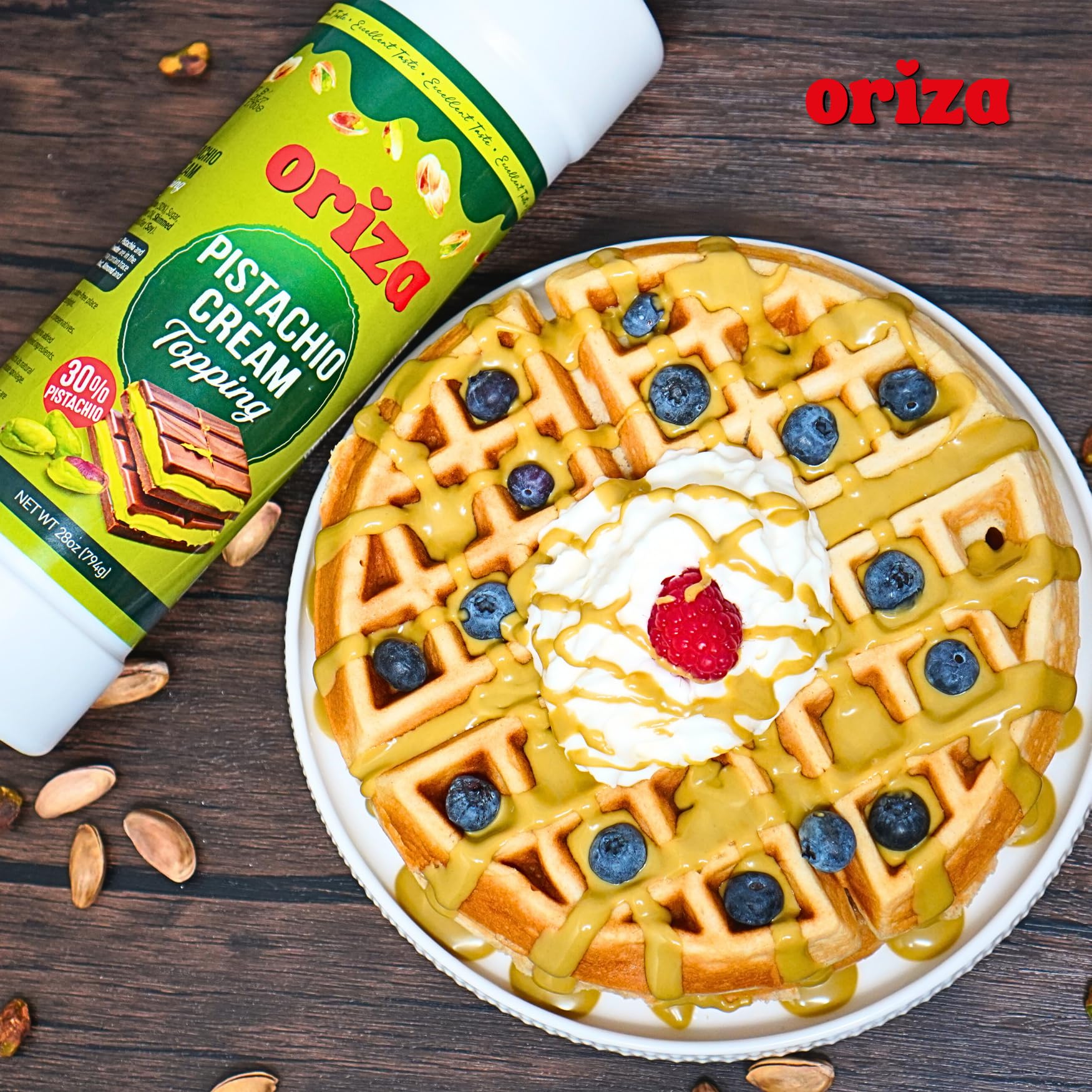 Oriza Pistachio Cream Topping, 28oz/800g Bottle - Premium Pistachio Spread with 30% Pistachios, Palm Oil Free, Non-GMO, Natural Color - Dessert, Latte