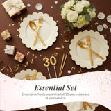 Sparkle and Bash Bulk 50 Pack Scalloped Plates - 9 Inch Ivory Plastic Plate with Elegant Gold Rim - Fancy Disposable Plates for Party, Birthday