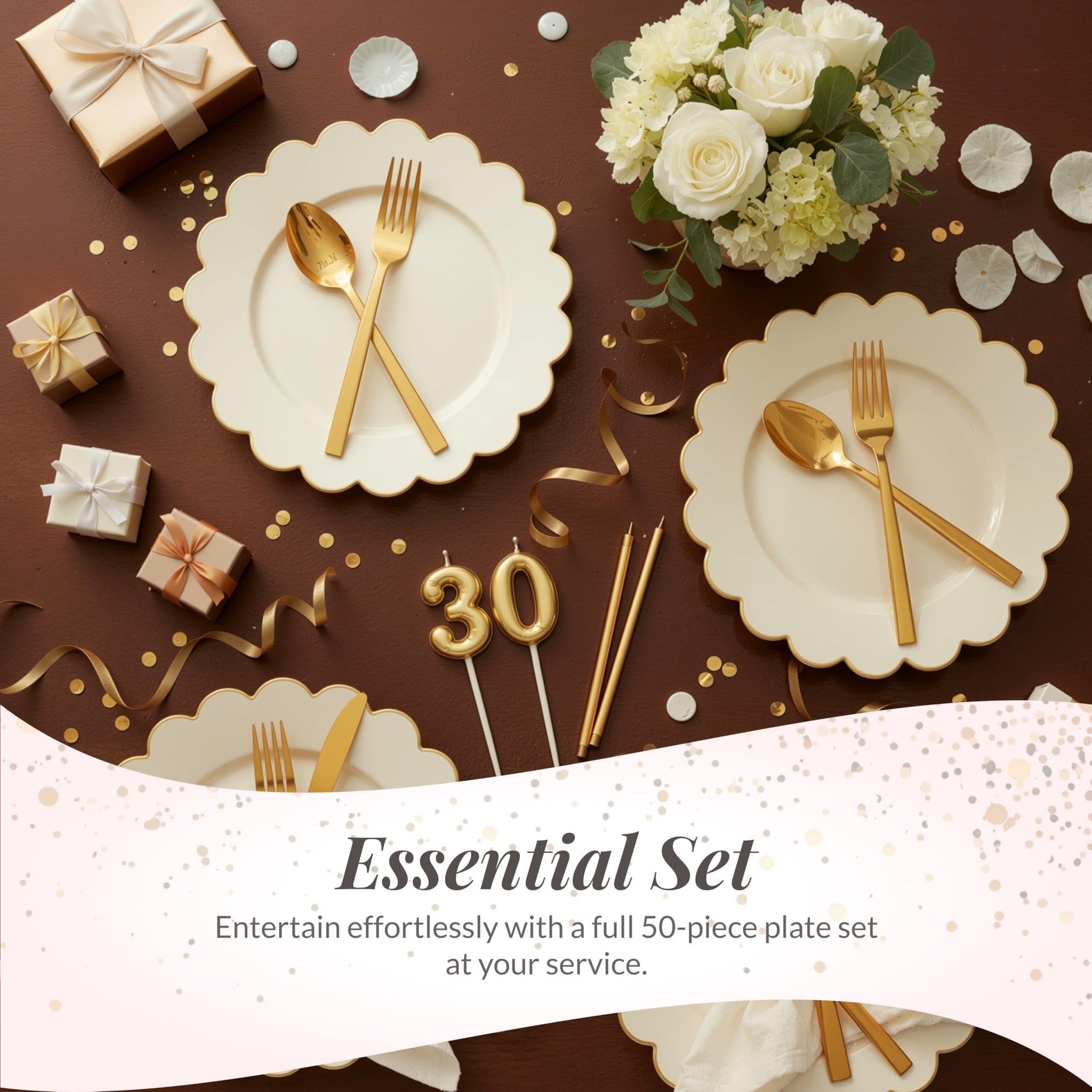 Sparkle and Bash Bulk 50 Pack Scalloped Plates - 9 Inch Ivory Plastic Plate with Elegant Gold Rim - Fancy Disposable Plates for Party, Birthday
