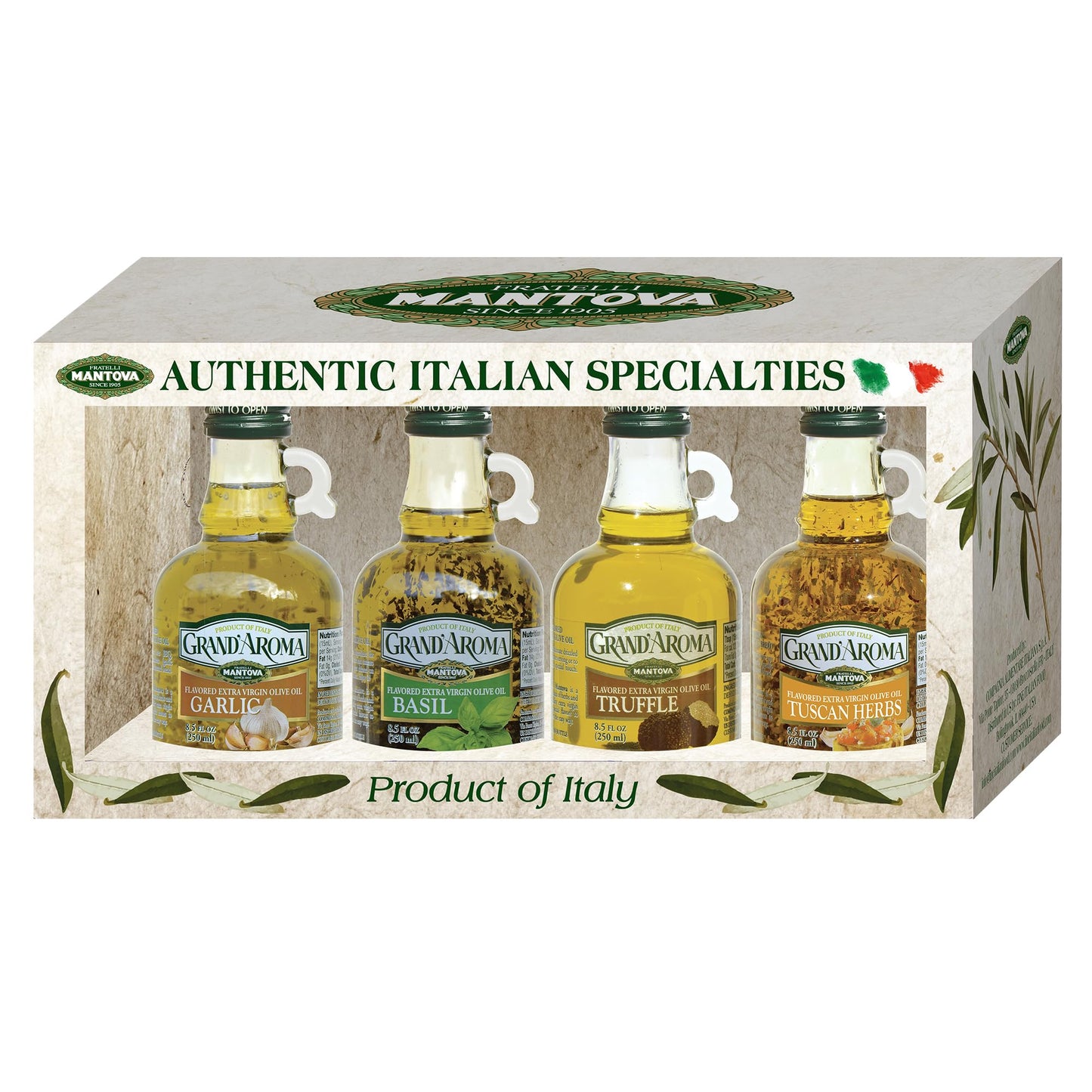 Mantova Grand’Aroma Flavored Extra Virgin Olive Oils, Variety Gift Set, made in Italy, cold-pressed, 100% natural, heart-healthy, for grilling, barbequing, smoking, and cooking, 8.5 oz