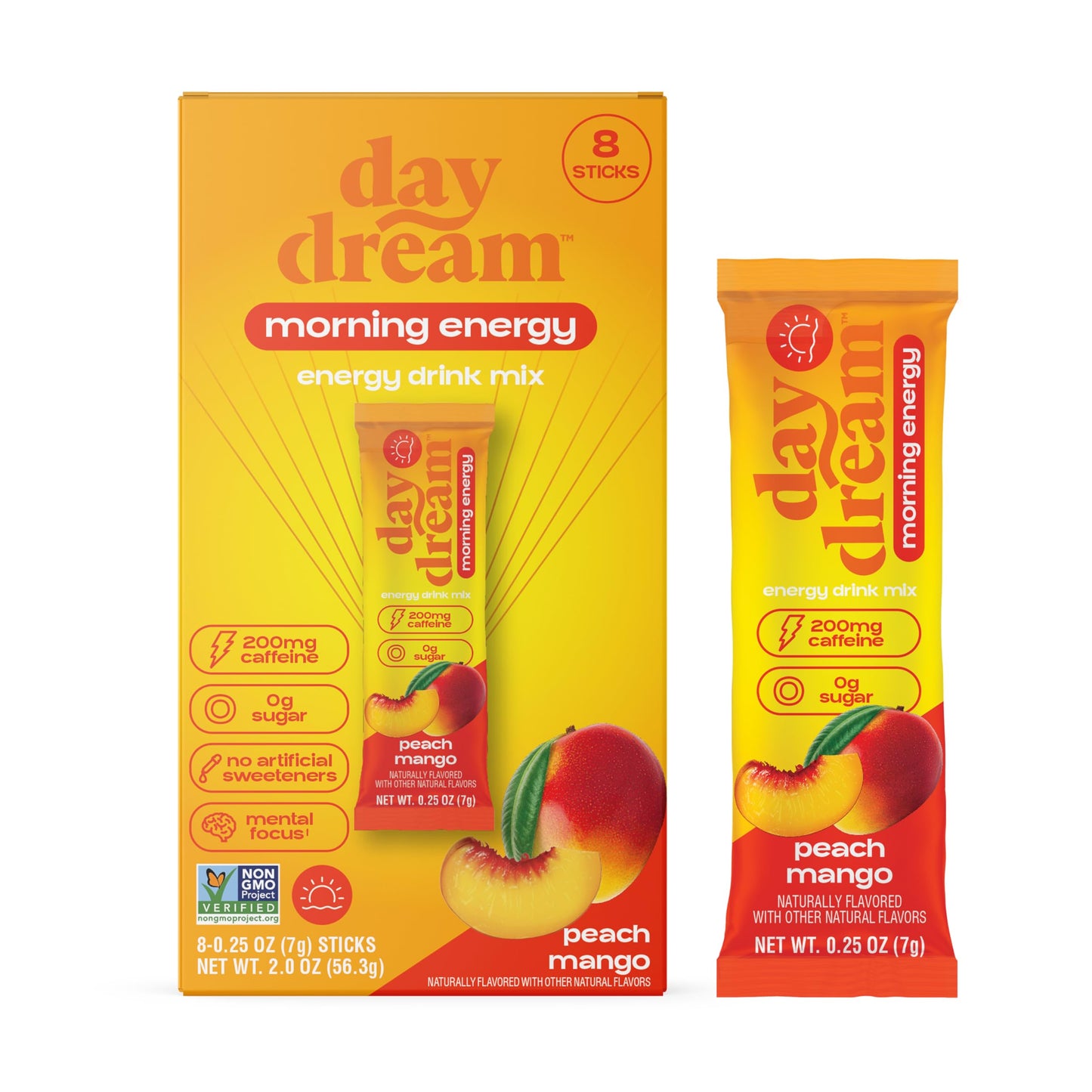 Day/Dream Morning Energy Drink Mix - Peach Mango, 200mg Natural Caffeine from Green Tea, Guarana, and Yerba Mate, L-Citrulline, L-Arginine, Acetyl