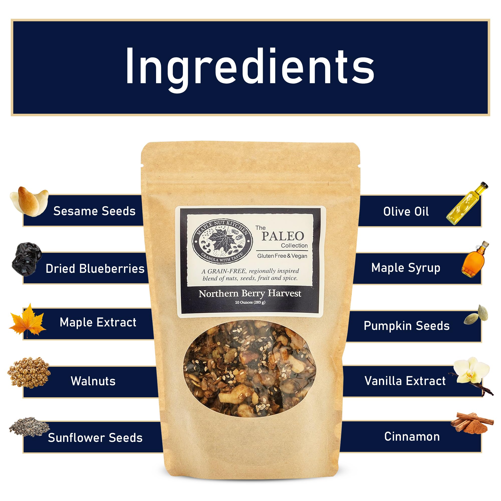 Maple Nut Kitchen Northern Berry Harvest Granola 3-Pack - Grain-Free with Walnuts, Seeds, Blueberries & Vanilla | Paleo, Low Carb, No Sugar Added