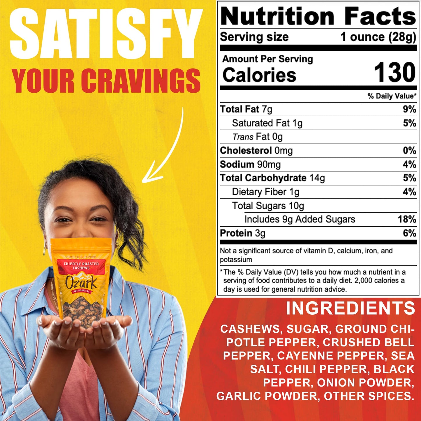 OZARK NUT ROASTERS, Chipotle Roasted Cashews with Spicy Kick, Flavored Savory Snacks, World-Class Gourmet Candied Nuts, Resealable Pack (14 oz)