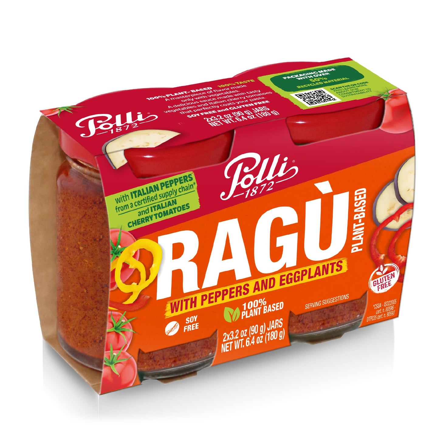 Polli Plant Based Ragù with Peppers & Eggplant - Italian Vegetable Pasta Sauce, Gluten Free, Mediterranean Tomato Sauce, Made in Italy, 2 x 3.2 oz