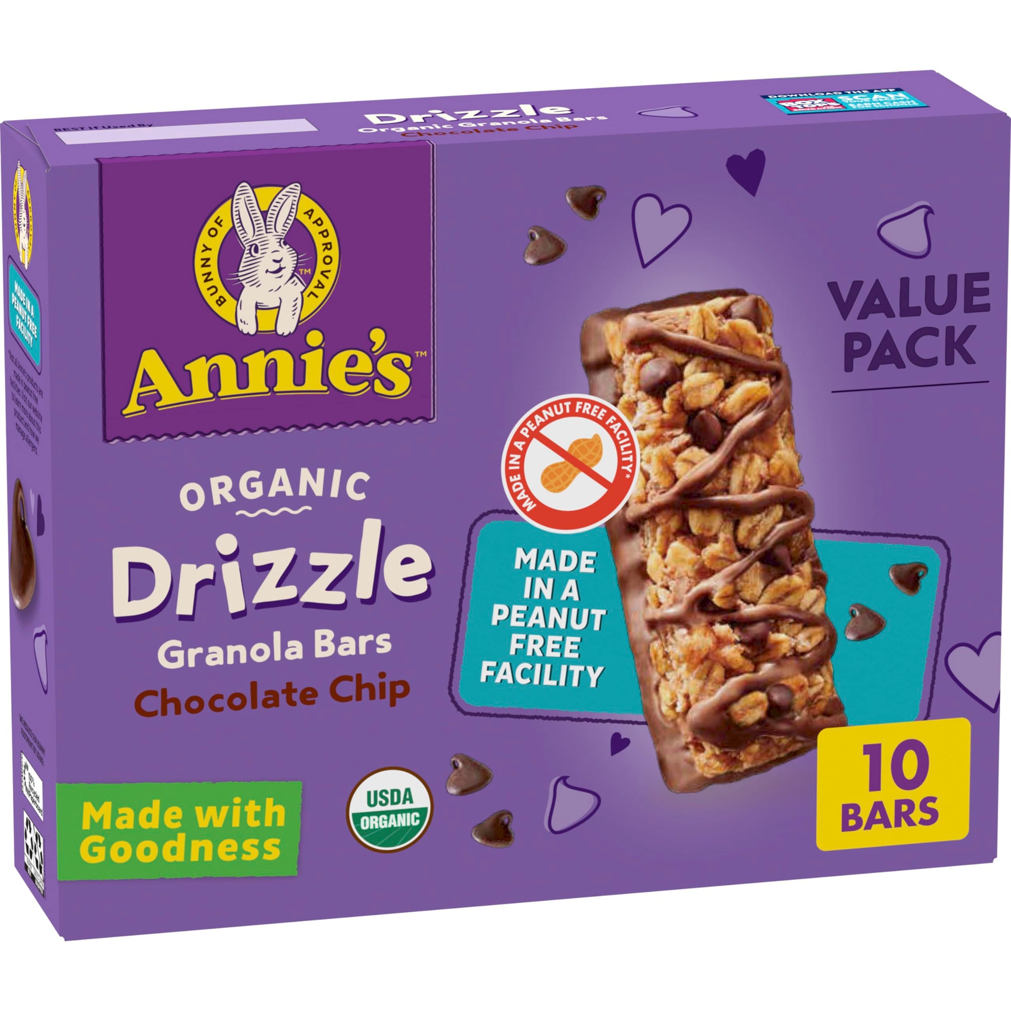 Annie's Organic Drizzle Granola Bars, Chocolate Chip, Value Pack, 10 Bars, 9.2 oz