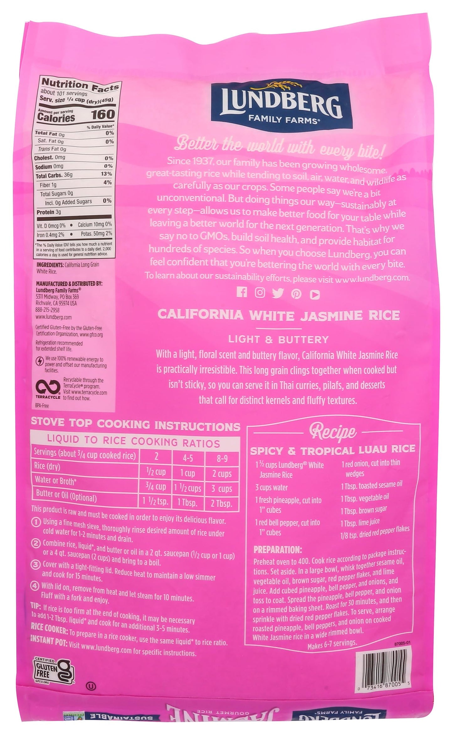Lundberg Family Farms - White Jasmine Rice, Premium Long Grain Bulk Rice, Non-Sticky Texture, California-Grown, Light, Buttery Flavor, Pleasant Aroma, Gluten-Free, Non-GMO, Vegan, Kosher (10lb)