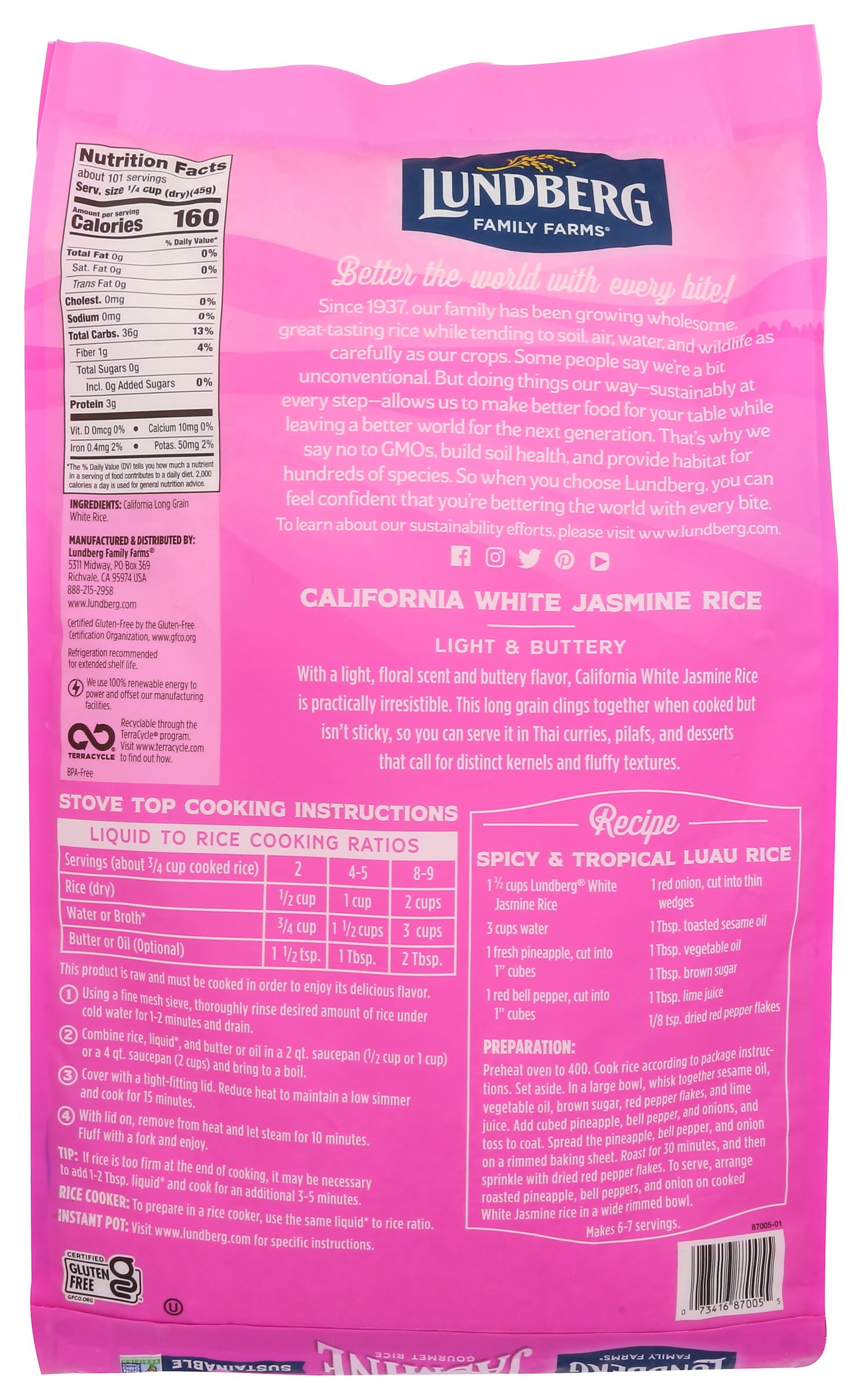 Lundberg Family Farms - White Jasmine Rice, Premium Long Grain Bulk Rice, Non-Sticky Texture, California-Grown, Light, Buttery Flavor, Pleasant Aroma, Gluten-Free, Non-GMO, Vegan, Kosher (10lb)