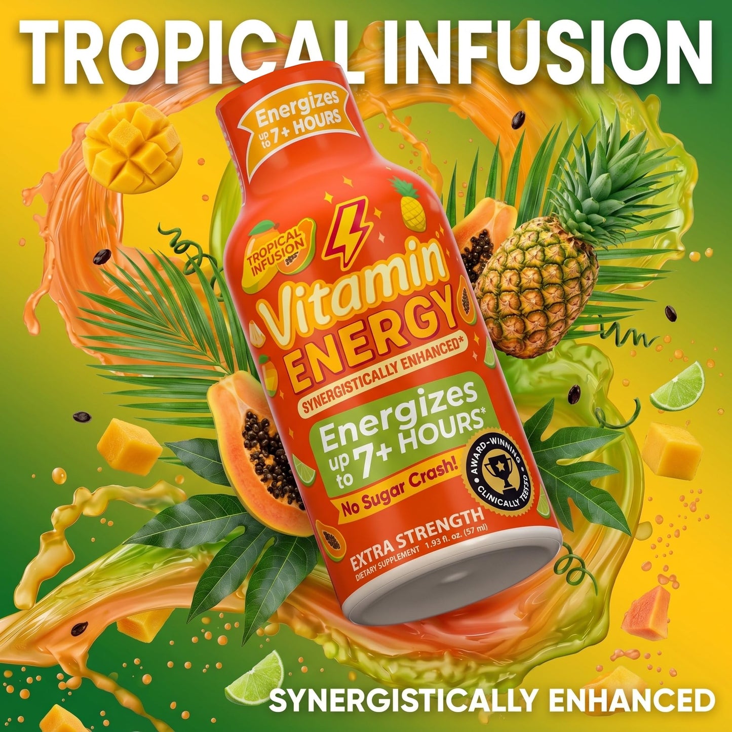 Vitamin Energy Tropical Infusion Extra Strength Energy Shot, 24 Pack - Up to 7 Hrs, 260mg Natural Caffeine, Zero Sugar - BCAAs + CoQ10, Focus Support
