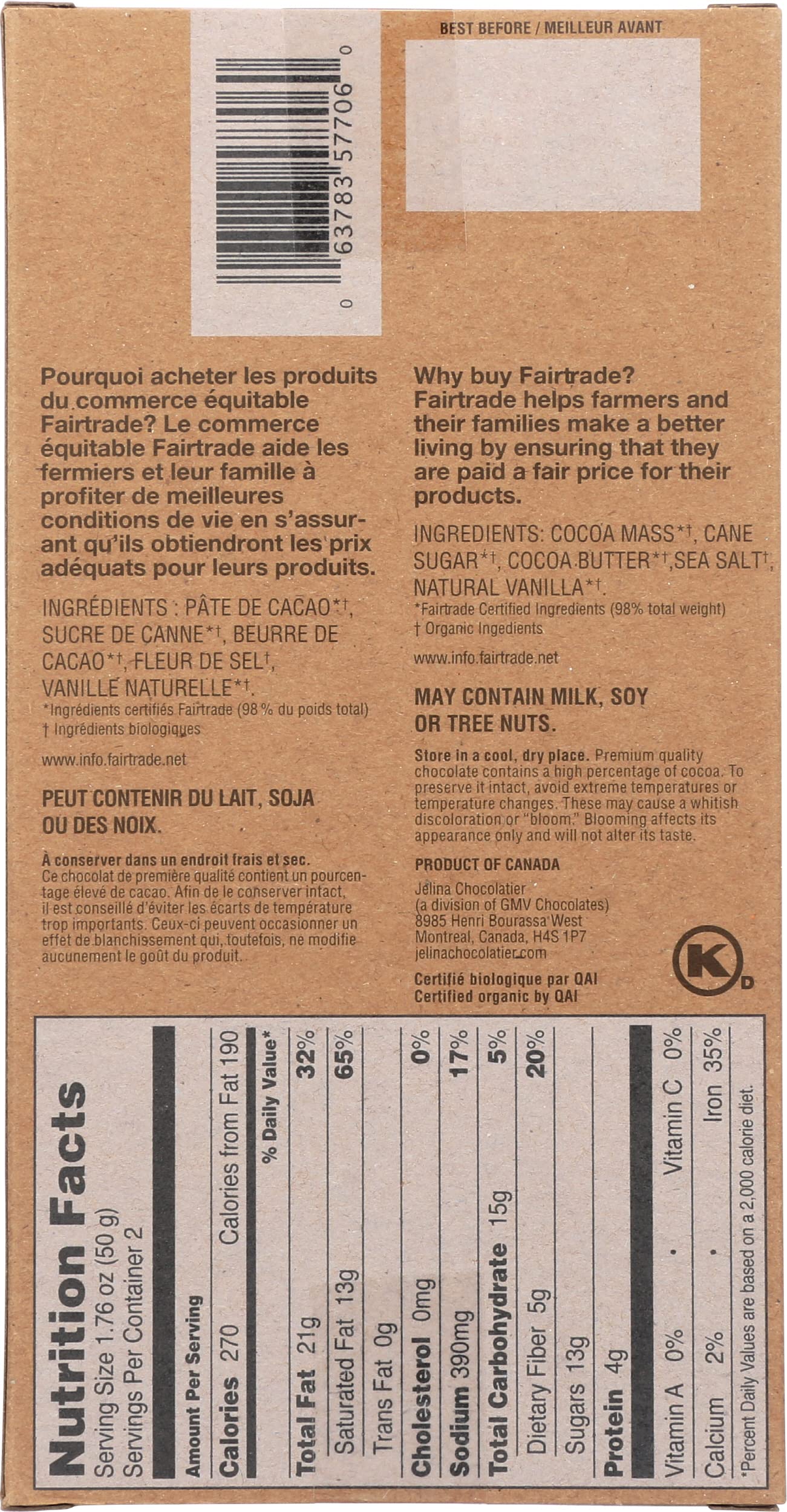 Jelina Chocolatier Organic Sea Salt Chocolate Bar 72%, 3.52 OZ