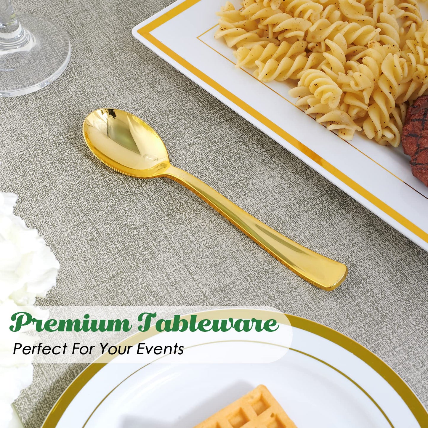 FOCUSLINE 300 Pack 6.8" Disposable Gold Plastic Spoons, Solid and Durable Plastic Cutlery Spoons, Heavy Duty Disposable Utensil Silverware