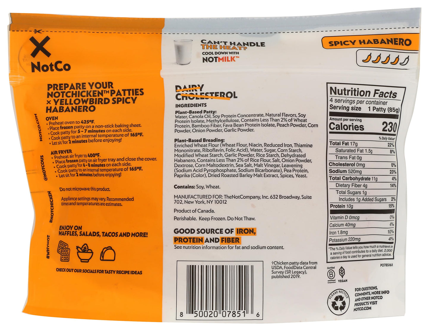 NotCo NotChicken Yellowbird Spicy Habanero Frozen Plant-Based Chicken Patties, 4 ct Pouch