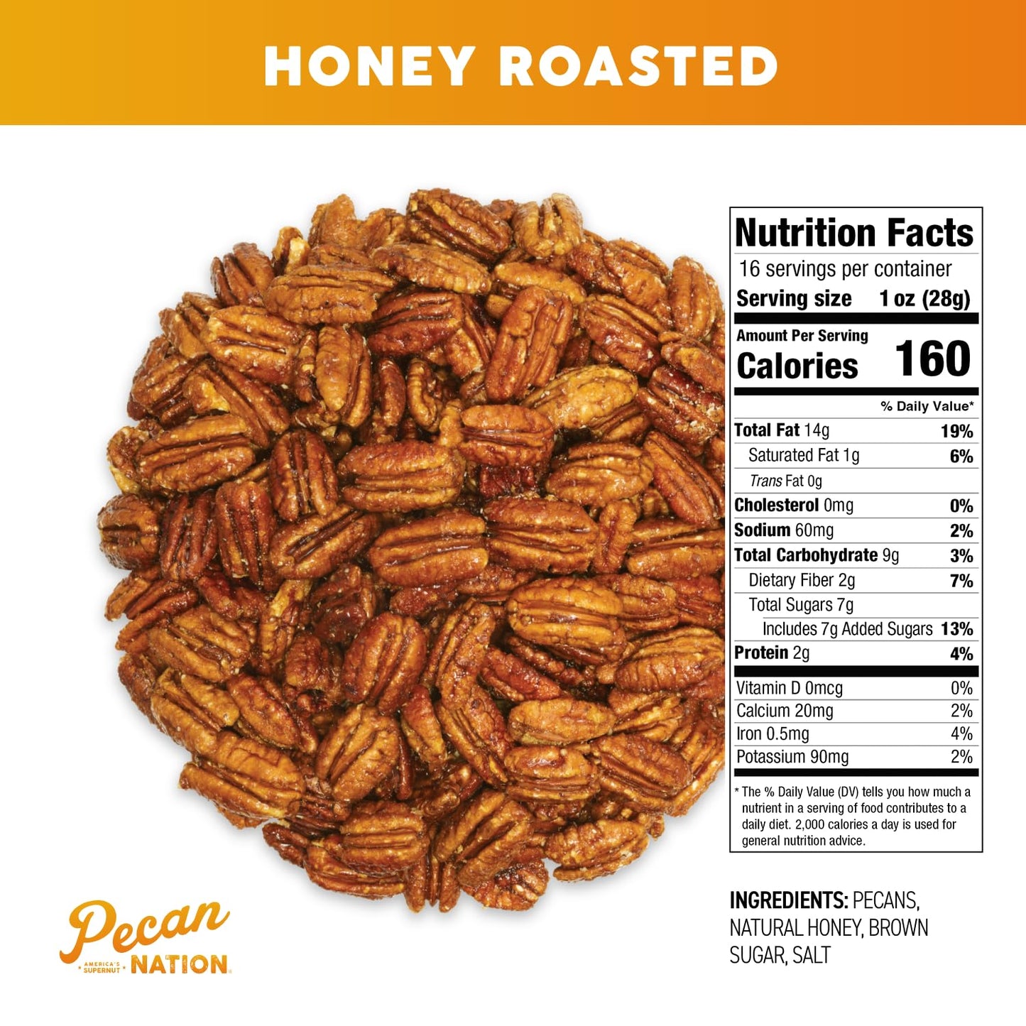 Pecan Nation Honey Roasted Georgia Pecans, 16 oz., Natural, No Preservatives, Anti-oxidant Rich, Non-GMO, Irresistible Healthy Snacking Pecans